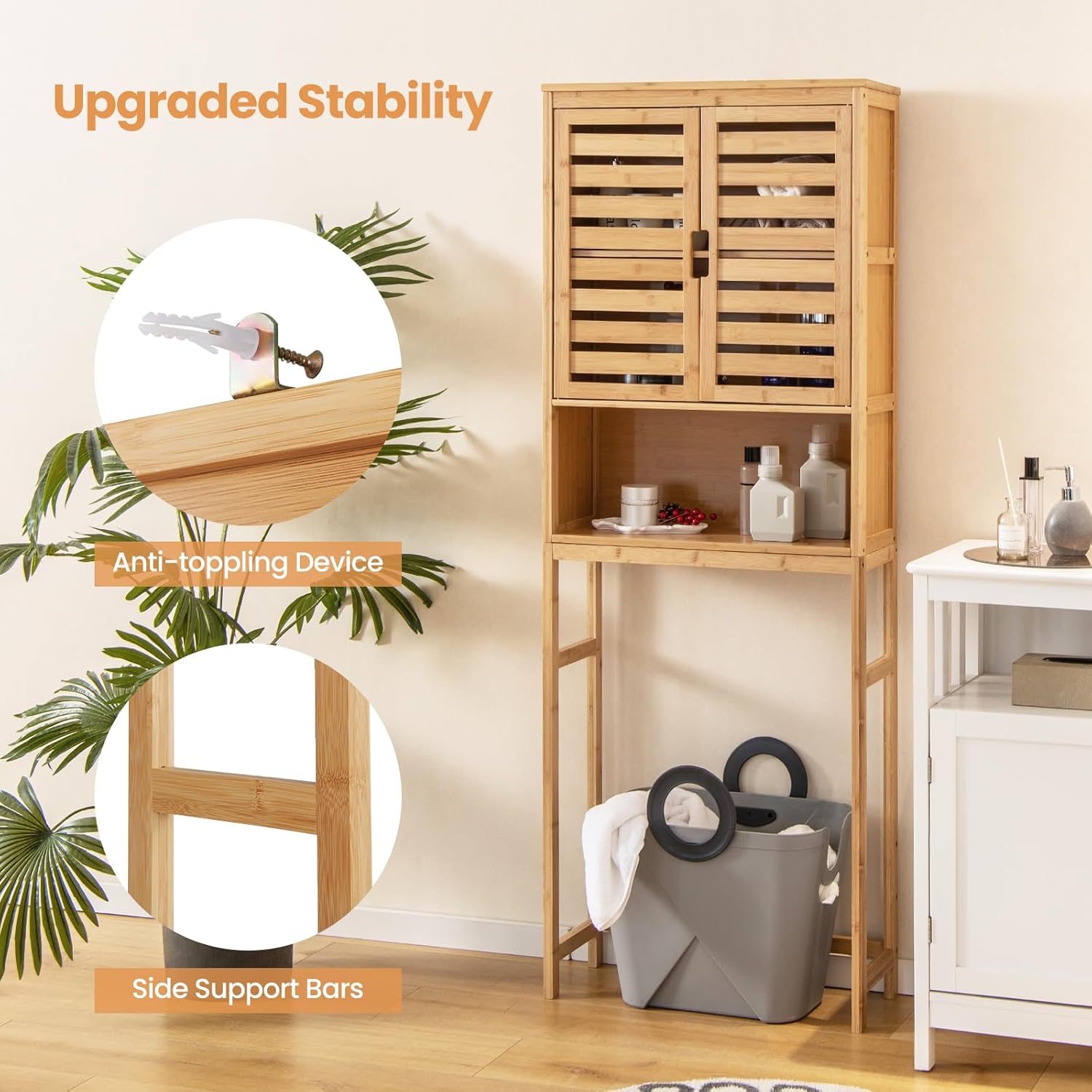 Giantex Over The Toilet Storage Cabinet, 3-Tier Bamboo Bathroom Space Saver with 2 Louver Doors, Open Shelf, Adjustable Bottom Bar, Over Toilet Bathroom Organizer for Laundry, Balcony, Restroom