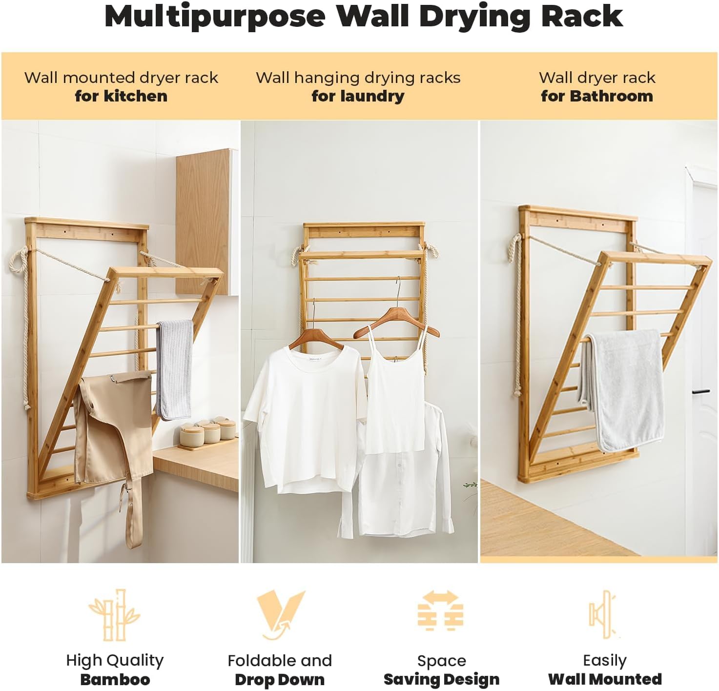 Clothes Drying Rack, Foldable Bamboo Wall Mounted Laundry Rack – Space-Saving, Drop-Down Design – 23