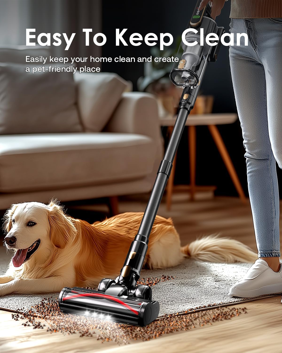 Cordless Vacuum Cleaner, 45Kpa 50 Mins Runtime Self-Standing Stick Vacuum Cleaners for Home, Powerful Suction, Lightweight, LED Touch Screen 8 in 1 Vacuum for Pet Hair, Carpet, Hardwood Floor, Black