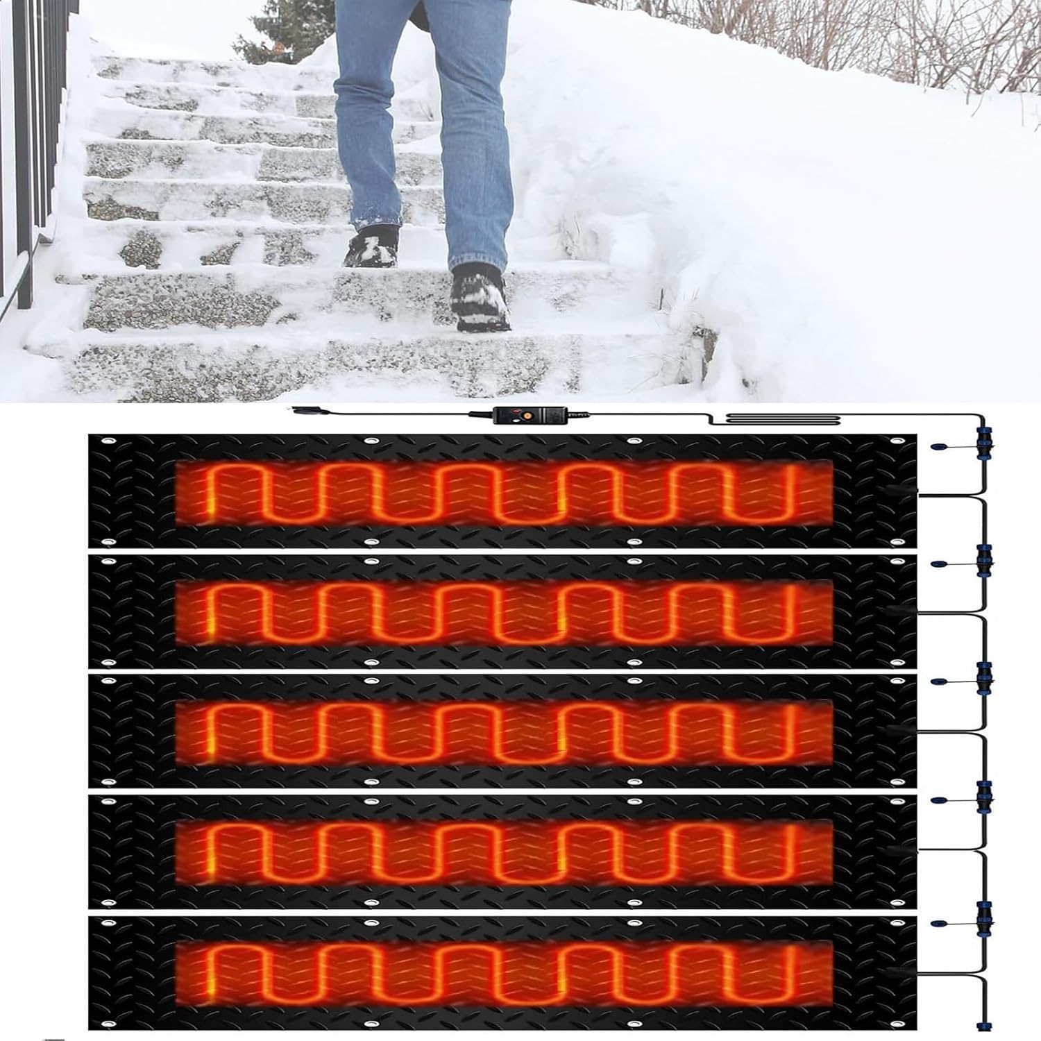 Rubber Snow Melting Mat with Power Cord - for Outdoor Stairs, Walkways, and Driveways, Efficient Ice and Snow Removal(40x160cmx5Pcs)