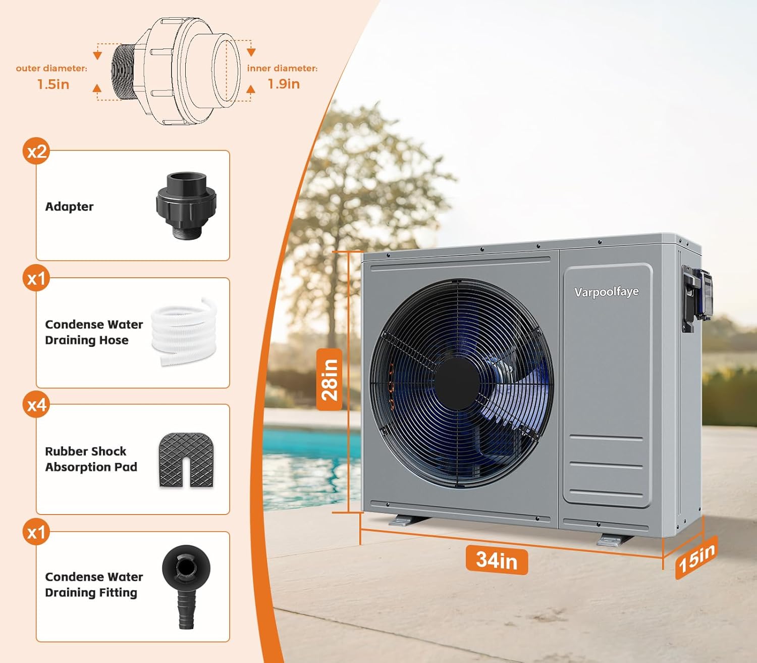 35100 BTU Electric Pool Heater for Inground Pools 10000 Gallon Swimming Pool Heat Pump Heating or Cooling WiFi Control Schedule 220V 60HZ