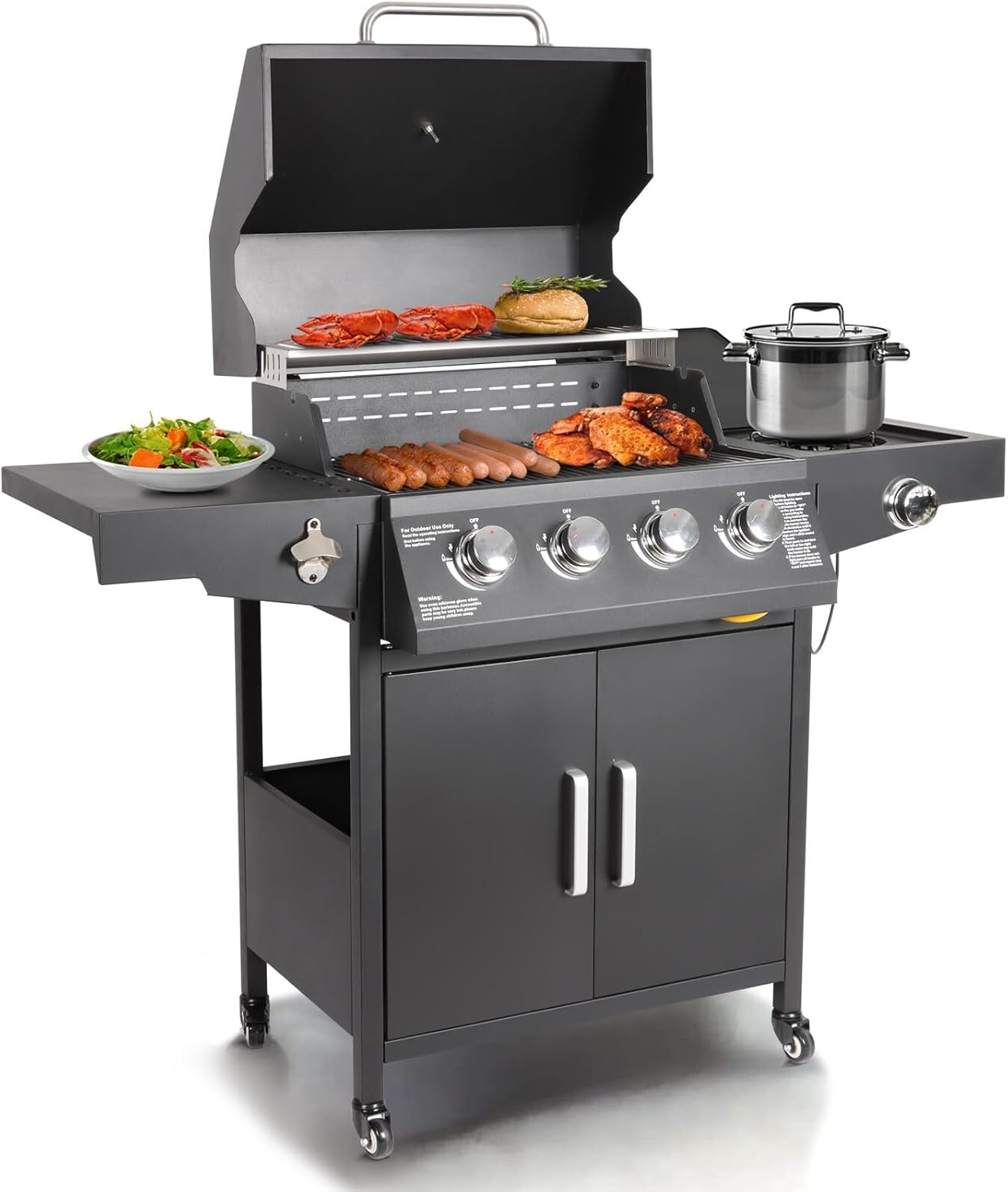 Propane Gas Grill 4 Burners a Side Burner Steel Grill Cart Outdoor Cooking BBQ