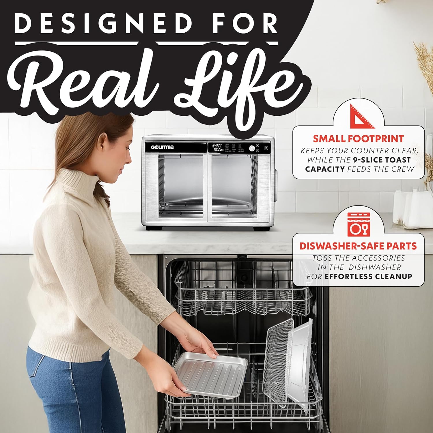 Gourmia French Door Air Fryer Oven - 37 Qt Large Capacity Convection Toaster Oven, FryForce 360°, Digital Display, 12 Cooking Presets, Dehydrate, Fits 13” Pizza, Dishwasher-Safe, Stainless Steel