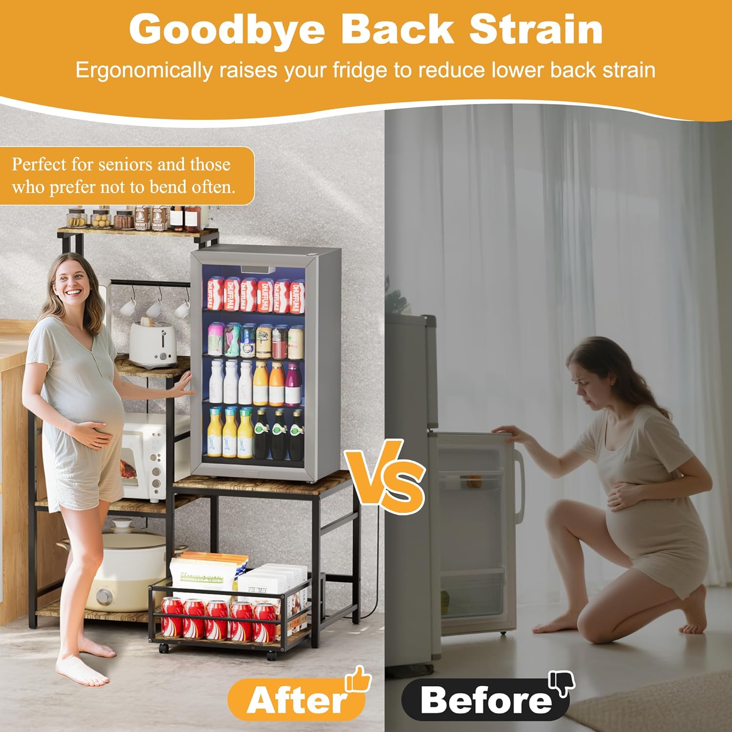 Mini Fridge with Microwave Stand, Coffee Bar Station with Storage, Bakers Rack with Power Outlet, Movable Basket, Adjustable Oven Shelf, Small Refrigerator Organizer for Dorm, Kitchen, Office