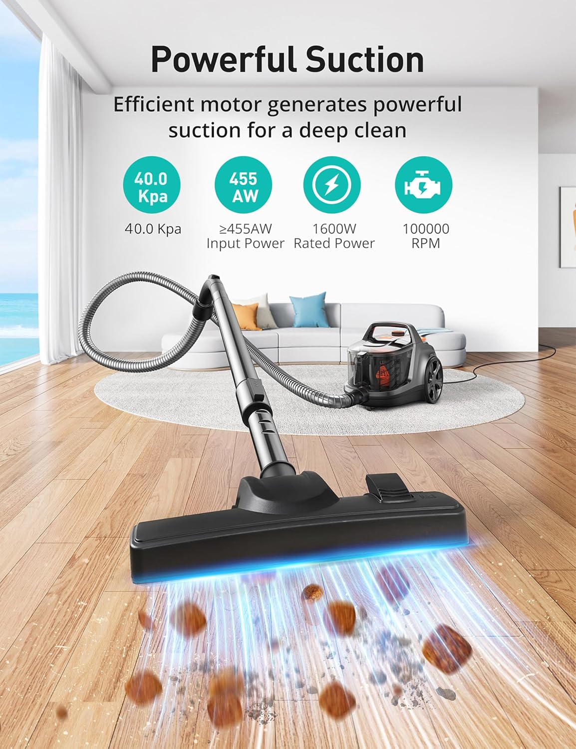Orgtoy 40Kpa Canister Vacuum Cleaner, 1600W Bagless Canister Vacuum with 2 HEPA Filters, 5 Brushes, Automatic Cord Rewind, Variable Speed for Hard Floors, Hardwood, Cars, 3.5L, Black