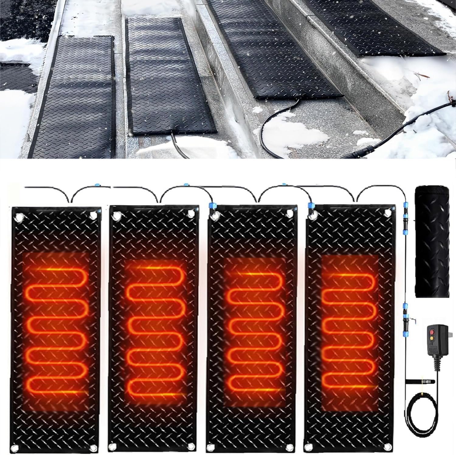 Snow Melting Mat, Heated Walkway Mat, 1/2/3/4/5 pcs Rubber Heated Mat with Power Cord, Outdoor No Slip Heated Door Mat, No More Shoveling, Salting and Slipping, for(4 Pcs-12x48in/(30x120cm))