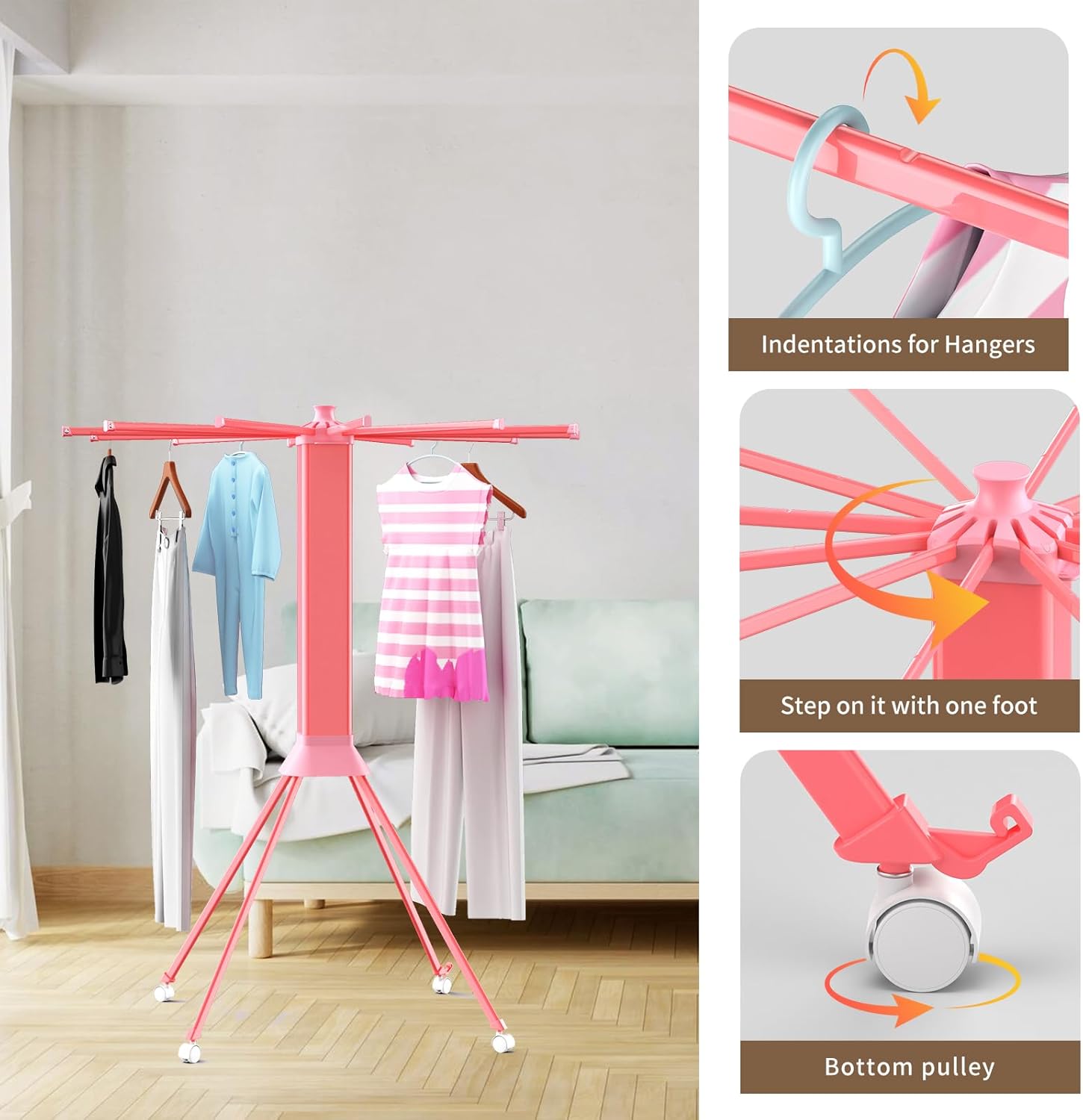Clothes Drying Rack ​Foldable & ​Collapsible Drying Racks with 4-Leg Octopus Design, Large Capacity ​Space Saving Indoor Drying Rack for Bedroom,Balcony,Laundry for Indoor/Outdoor Use（Pink）
