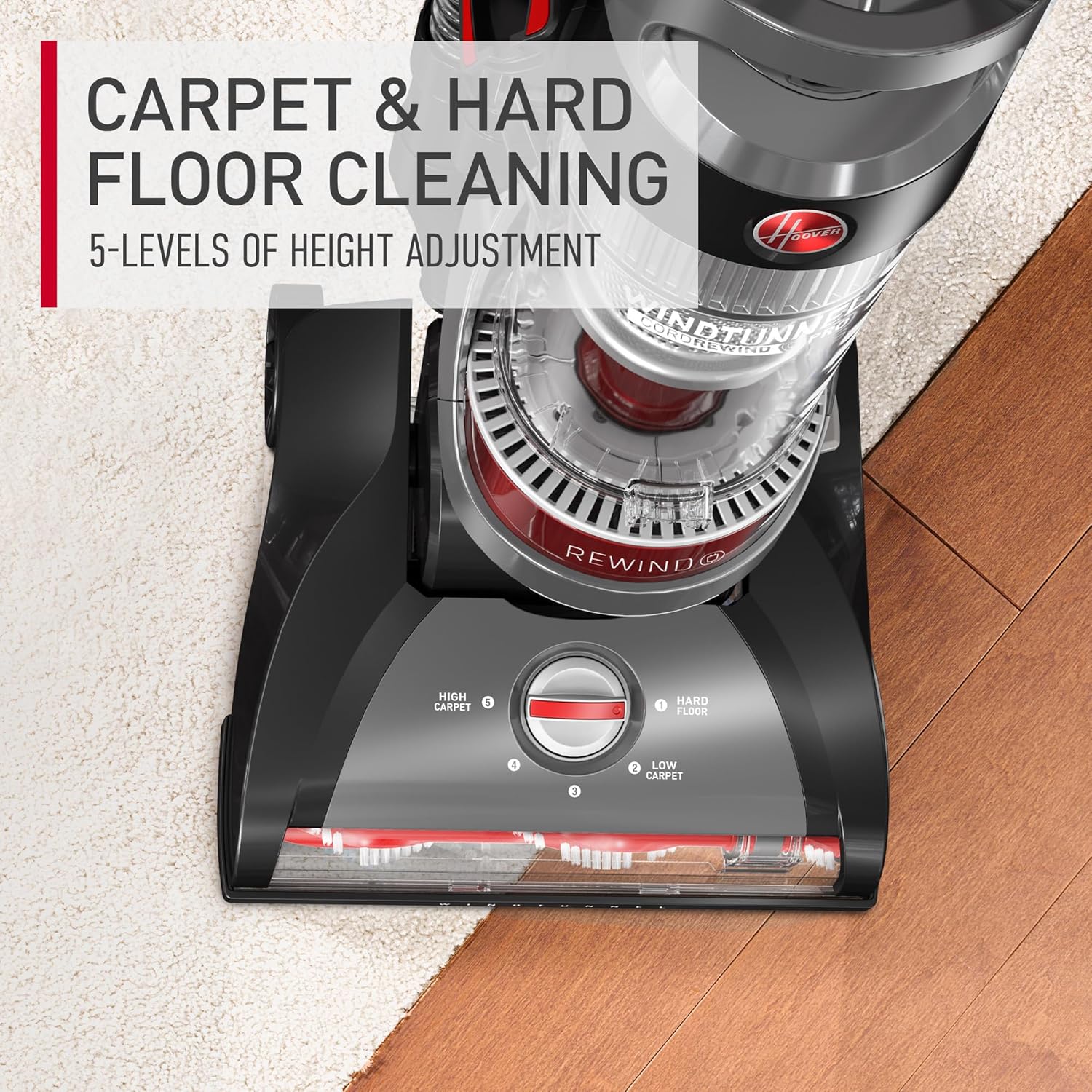 Hoover WindTunnel Cord Rewind Pro Bagless Upright Vacuum Cleaner (Renewed), For Carpet and Hard Floors, UH71300V, Black, UH71300