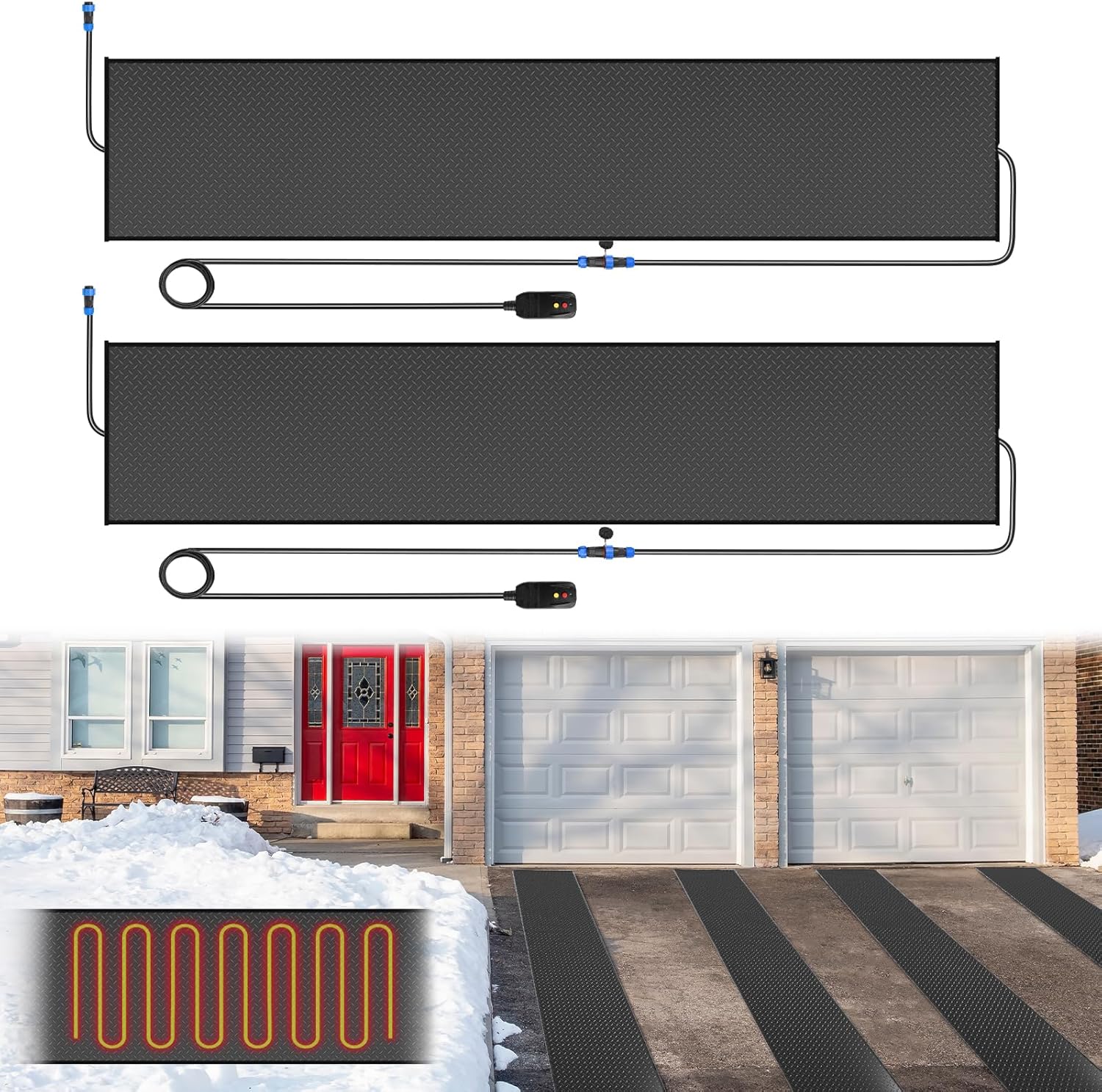 Snow Melting Mats Outdoor for Driveway and Walkways, 24in x 10 ft 2Pack No-Slip Rubber Heated Outdoor Mats with 10 ft Power Cord, 3 in/h Speed Snow and Ice Melting Pads for Backyards Snow Removal