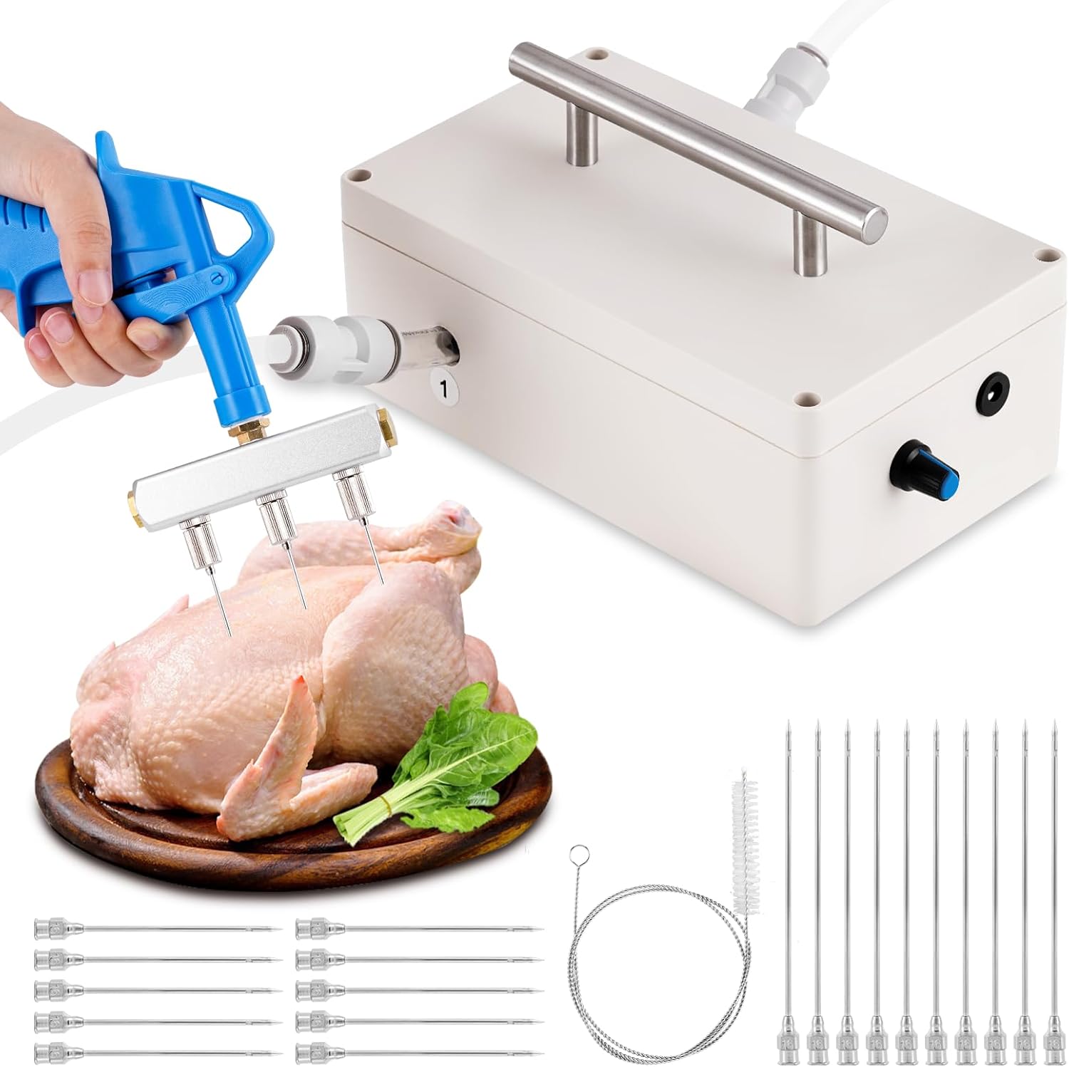 Electric Meat Injector Gun Pump with Hose, 65W Marinade Injector Syringe with 20 Needles for Home Grilling, Family Parties & Outdoor Cooking Turkey, Pork, Beef (Blue)