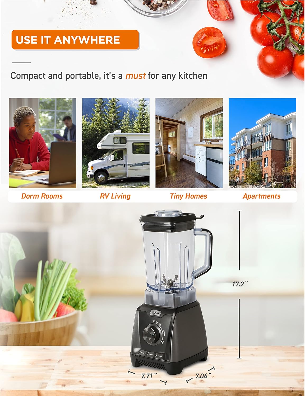 COMMERCIAL CHEF 1200 Watt High Power Blender, 50.7 oz, Black