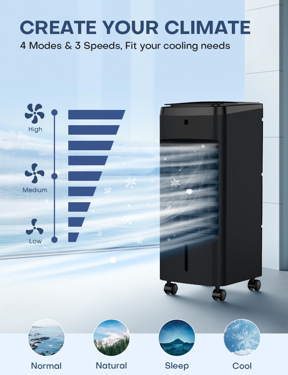 NOMEY 3-IN-1 Portable Air Conditioners 4 Modes & 3 Speeds, Waterless Alert System, 12H Timer, 1 Gal Detachable Water Tank, 4 Ice Packs, Remote, 70° Oscillation Windowless Evaporative Air Cooler