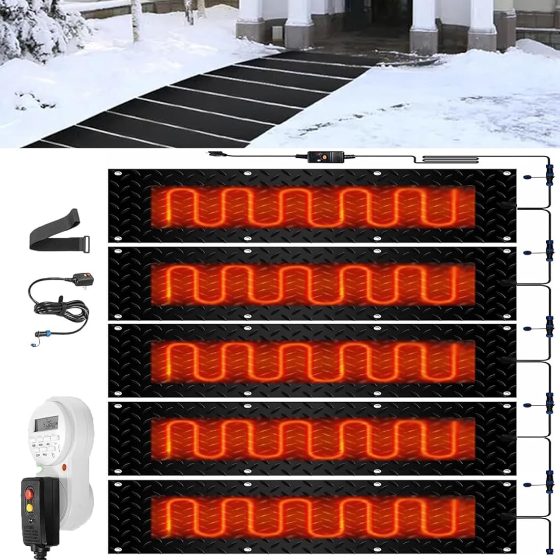Snow and Ice Melting Mats with Timer, 1/2/3/4/5 Pcs Heated Outdoor Mats Electric Snow Melting Mats for Winter Snow Removal Non Slip Rubber Heated Mat with Power Cor(5 Pcs-12x48in/(30x120cm))