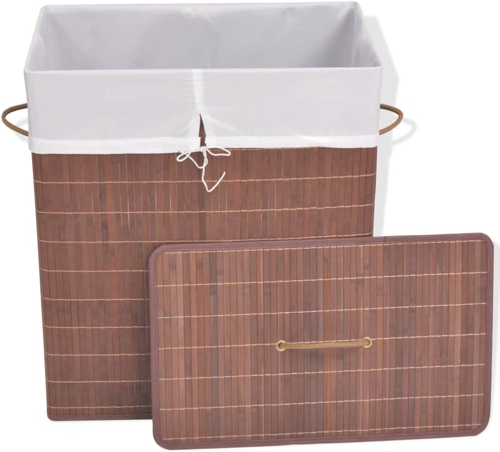 Bamboo Laundry Bin Rectangular Brown with Removable Polyester Liner, Foldable Storage Basket for Home Organization, Durable Woven Fabric Hamper