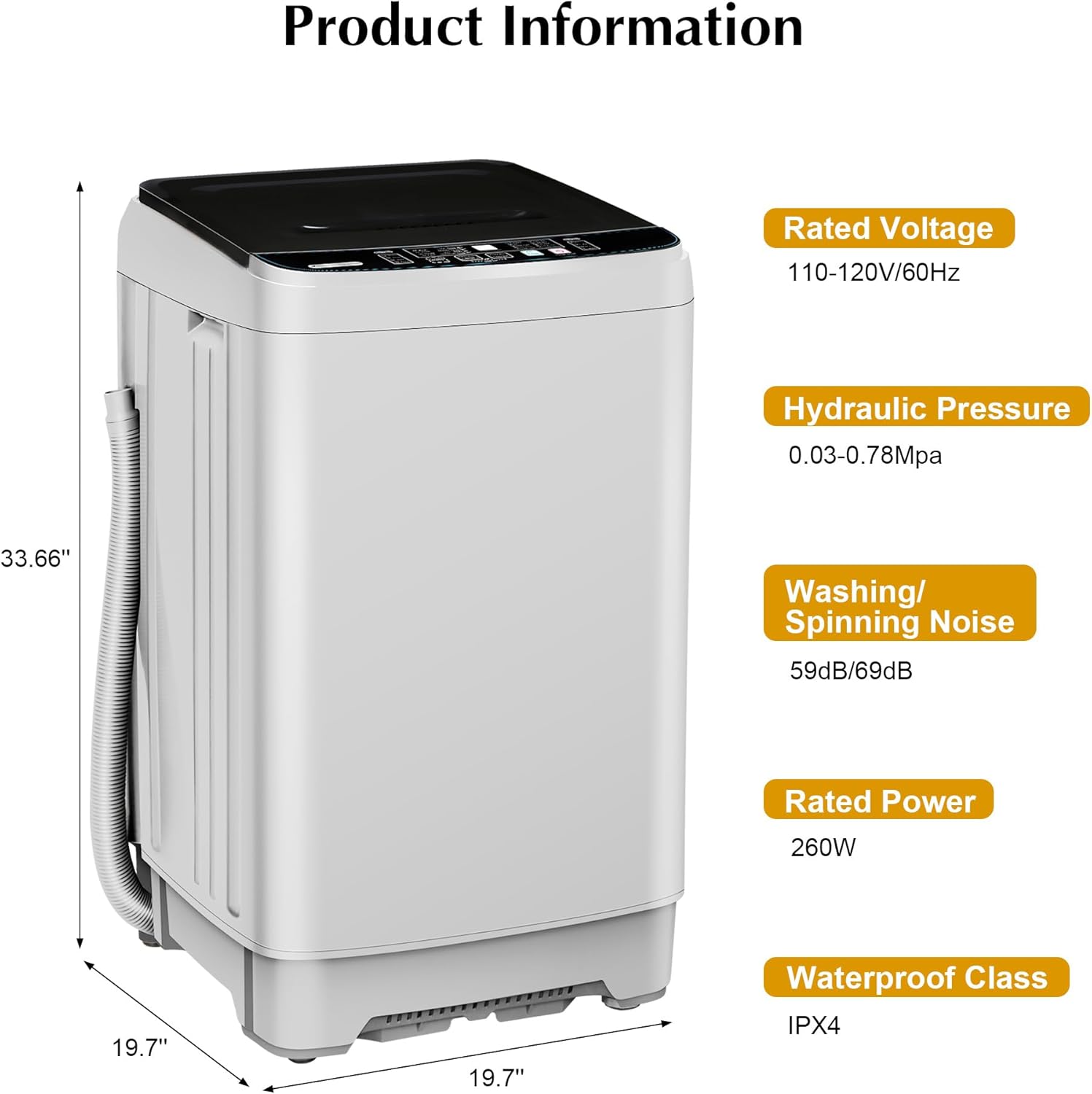 Portable Washing Machine, Full Automatic Portable Washer 17.7lbs Small Washing Machine 10 Wash Programs, 24hr Timer, Drain Hose, Apartment Washer Machines for RV, Dorm, College, Home, Off-White