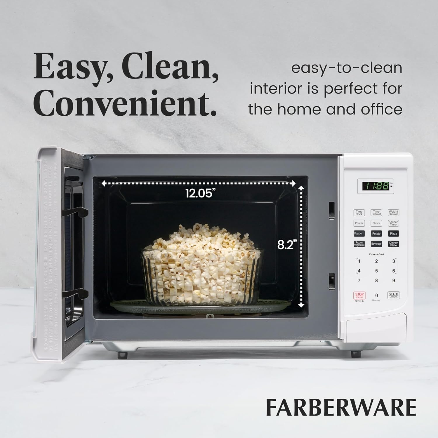 Farberware 0.9 Cu. Ft. Countertop Microwave Oven – 900 Watts Power, Auto Cook Settings, Defrost, Easy Clean and Child Safety Lock - White