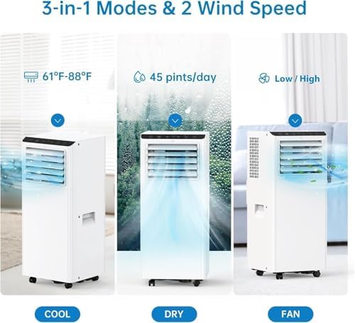 8000 BTU Portable Air Conditioner 3-in-1 Cooling/Dehumidifier/Fan with Remote Control, Cools Up to 350 Sq Ft, Sleep Mode, 2 Fan Speeds, Mobile Wheels & 24H Timer