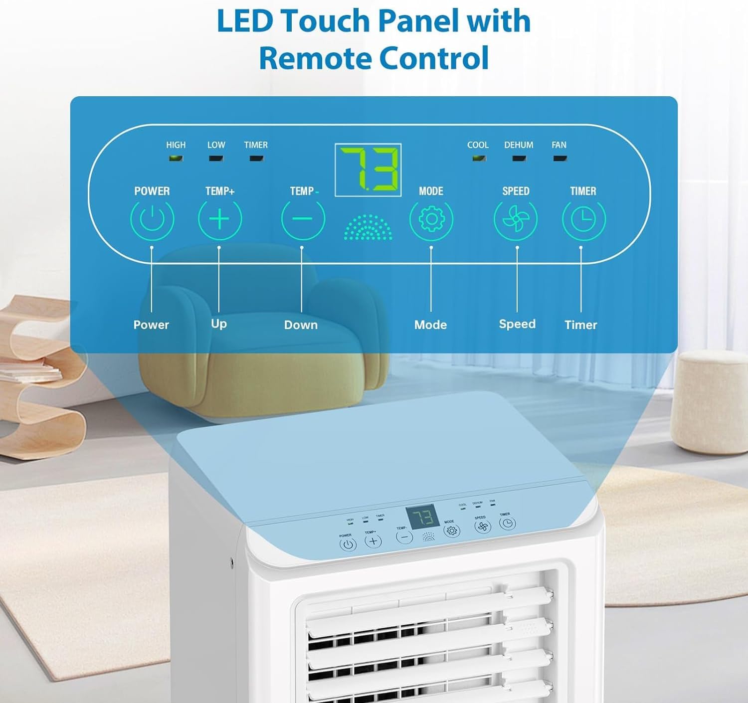 8000 BTU Portable Air Conditioner, 3-In-1 Cool, Fan, Dehumidify Modes, Cools up to 350 sq.ft, Quiet AC Unit with LED Display, with Remote Control, 24 Hour Timer for Room, Dorm, Office