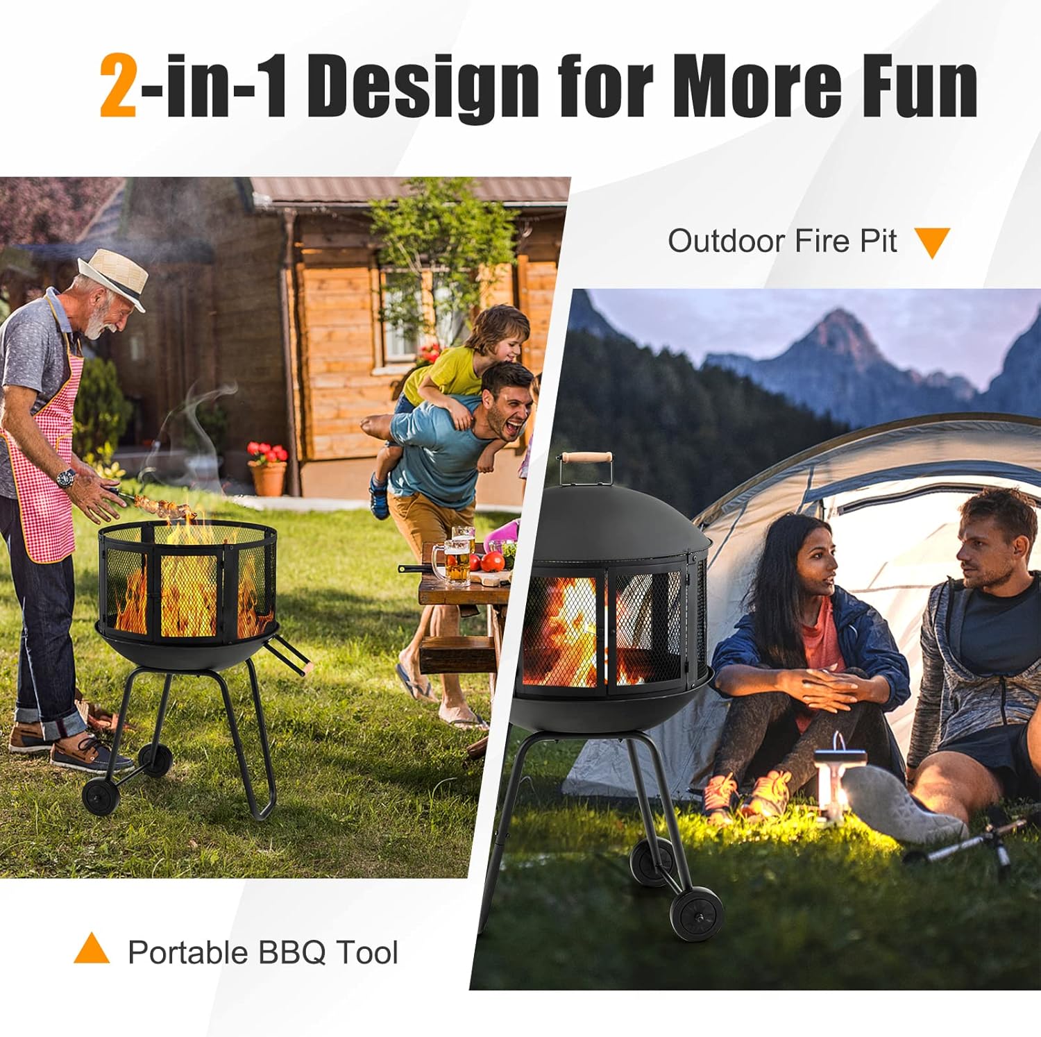 ORALNER Portable Fire Pit on Wheels, 27” Outdoor Wood Burning Firepit Cage w/Spark Screen Cover, Log Grate, Fire Poker, Steel Patio Firepit w/BBQ Grill for Outside Camping, Picnic, Backyard Bonfire