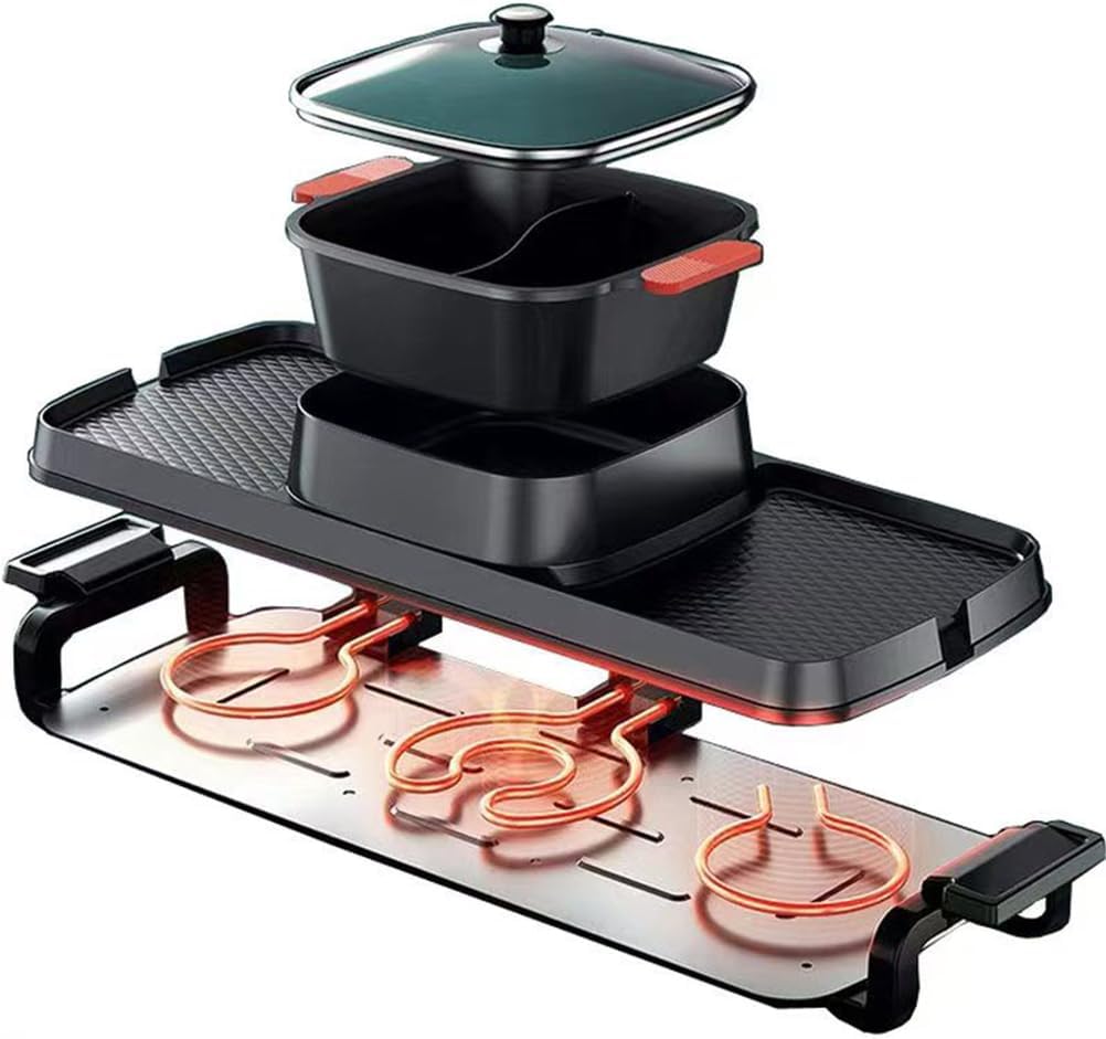 1800W Electric Grill Hot Pot, Electric 2 in 1 Hot Pot BBQ Oven Barbecue Pan, Grill Hotpot Machine Grill Pot Detachable Pan Dual Temperature Control