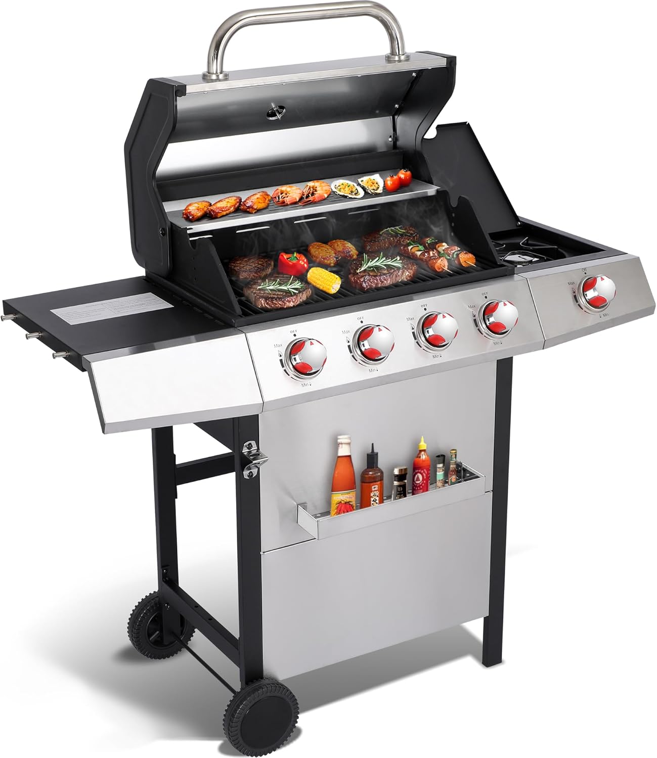 4 Burner Propane Gas Grill Combo w/Side Burner, 3-in-1 BBQ Grill with Charcoal Smoker & Griddle Plate, 46,750 BTU, 448 Sq.In. Stainless Steel Outdoor Cooking Station
