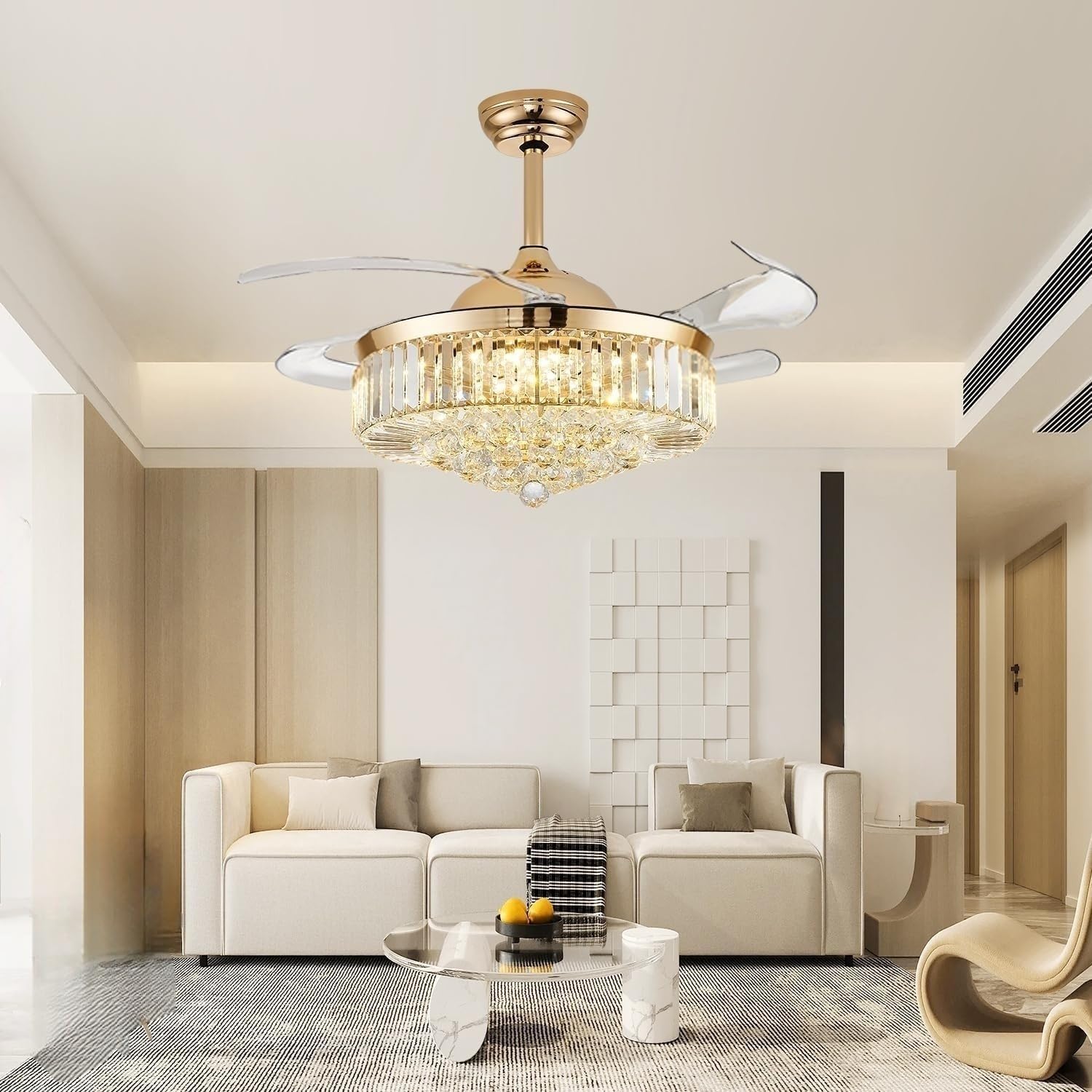 42 Inch Fandelier Ceiling Fan with Light, Chandelier Ceiling Fan for Bedroom Living Room, Dimmable, 6 Wind Speed. Reversible Motor, Memory Function-Gold