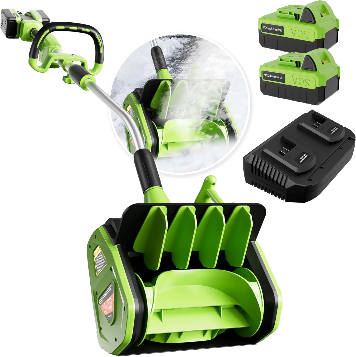 40V 13.8-Inch Cordless Snow Shovel, Battery Powered Snow Blower, Electric Snow Shovel with Adjustable Plate, Dual-Port Quick Charger and 2 * 20-Volt/4.0 Ah Lithium-ion Battery Pack