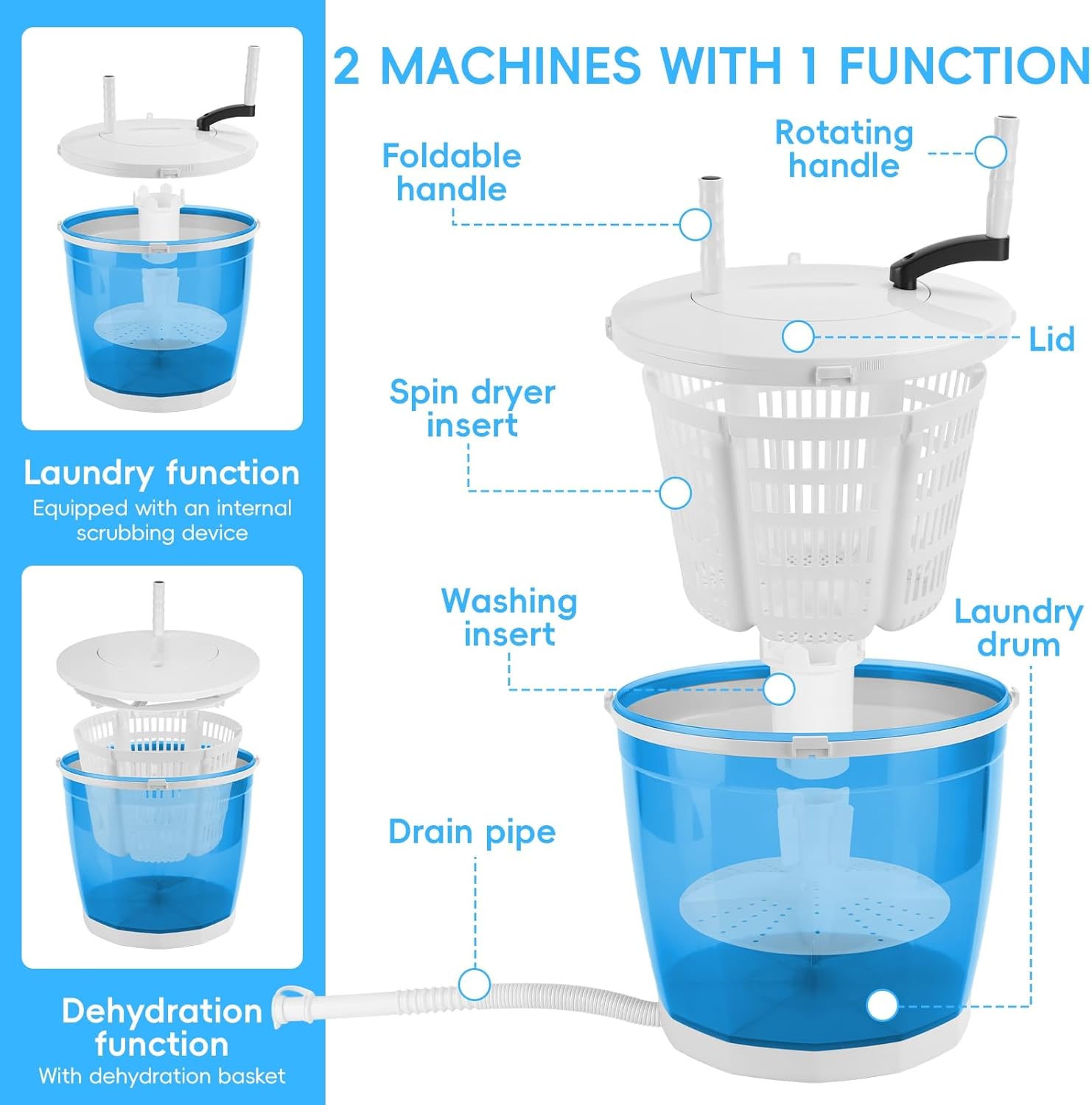 Portable Washer Dryer Combo, 2-in-1 Portable Washer and Dryer, Non-Electric Washers Manual Traveling Outdoor Washing Machine Grey Mini Compact Washers Spin Dryer for RV Travel Sky Blue