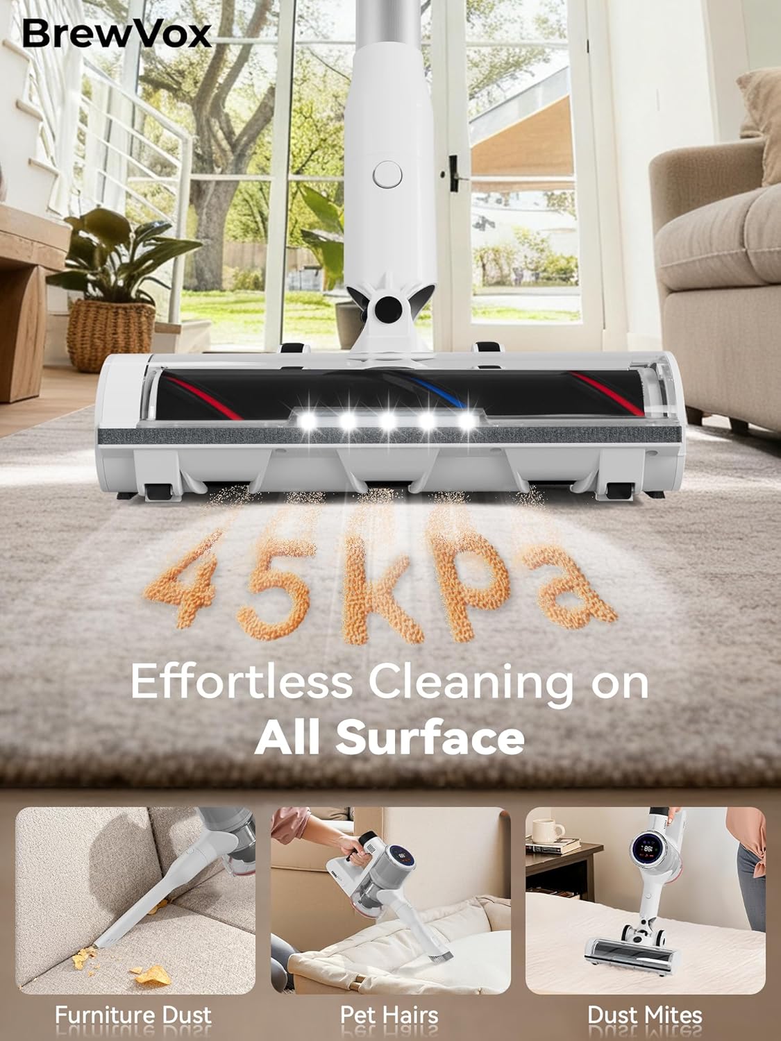 Telescopic Cordless Stick Vacuum Cleaner for Home & Pet Hair, Smart Auto Detect, 2 Motorized Brushes, 6 Stage Filtration, 45kPa Powerful Suction, 550W Motor, 60 Min Runtime, Quick Rechargeable