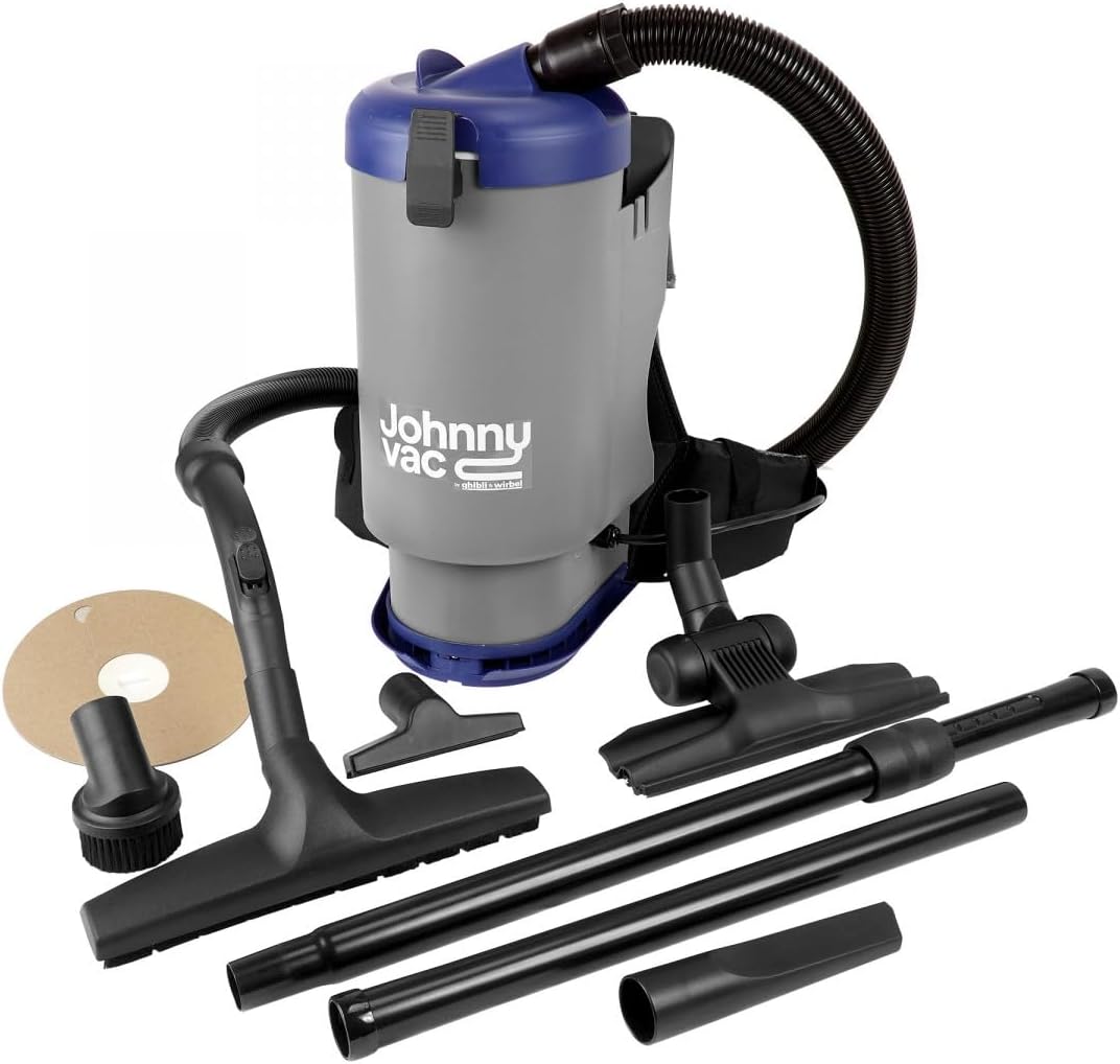 Johnny Vac Professional Backpack Vacuum JVT1 - with Complete Tool Set - HEPA - 30' (9 m) Power Cable - Cushion Shoulder Straps & Waist Belt