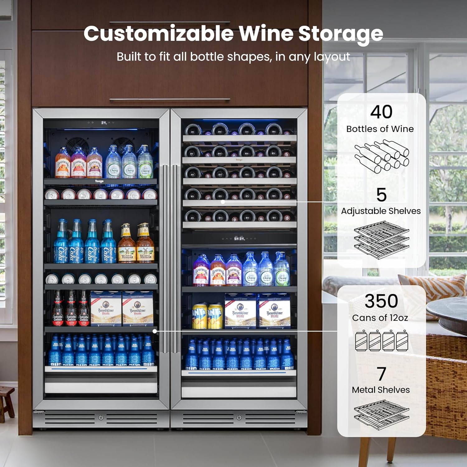 Yeego 48 Inch Wine and Beverage Refrigerator (2 x 24 Units), 238 Can and 89 Bottle Cooler with Lock, 34-65℉ Built-in Beer Fridge with Glass Door, Wine Refrigerator for Home, Office, Bar (19.4 Cu.ft)