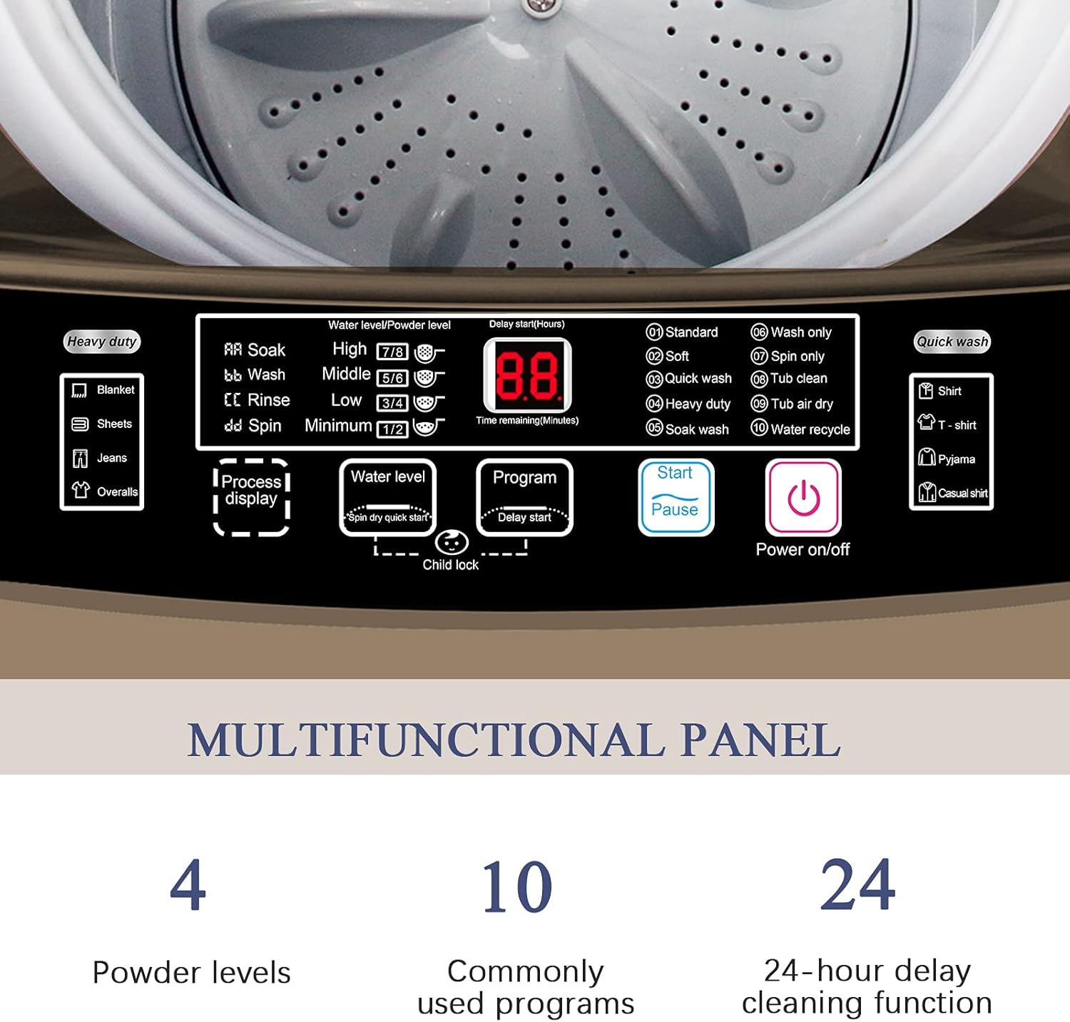 17.7 lbs Portable Washer Drain Pump, 10 Programs & 8 Water Levels Selections, Full Automatic Washing Machine with LED Display, Ideal for Camping, Apartment, Dorm, Gold