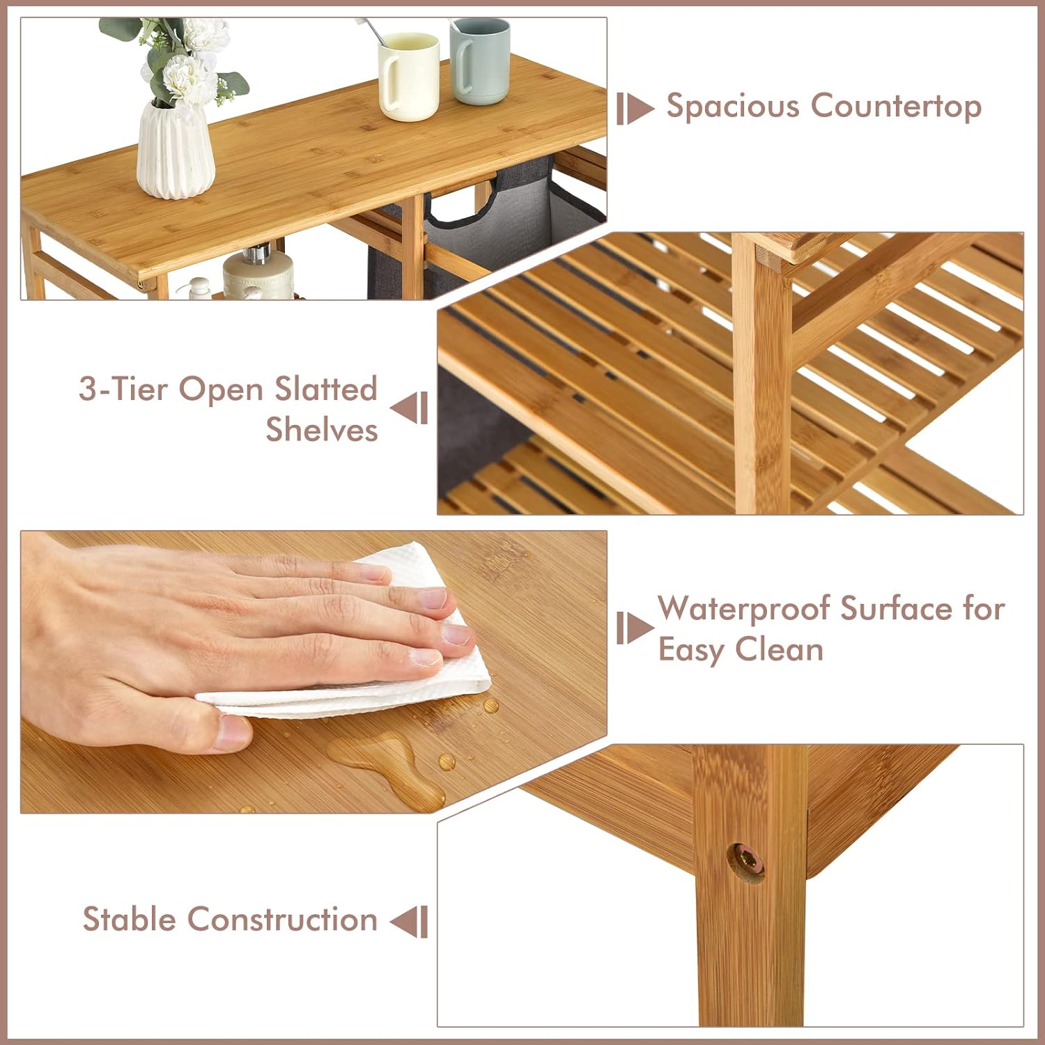 Giantex Bamboo Laundry Hamper Stand, Freestanding Laundry Organizer w/Removable Sliding Bag & 3-Tier Open Shelves, Multipurpose Utility Storage Cabinet for Bathroom, Living Room, Bedroom, Natural