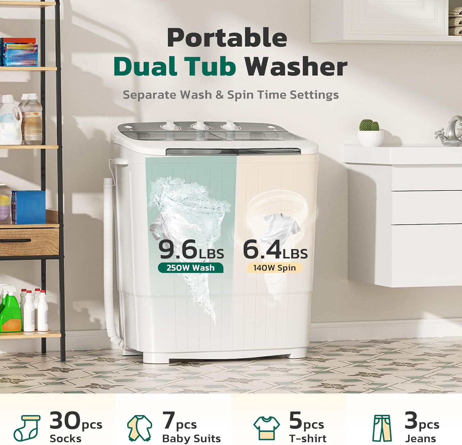 Greenvelly Portable Washing Machine, 16lbs Portable Washer and Dryer Combo with Drain Pump, 2 In 1 Mini Compact Twin Tub Laundry Washine for Camping, Apartments, Dorms, RV (Grey)