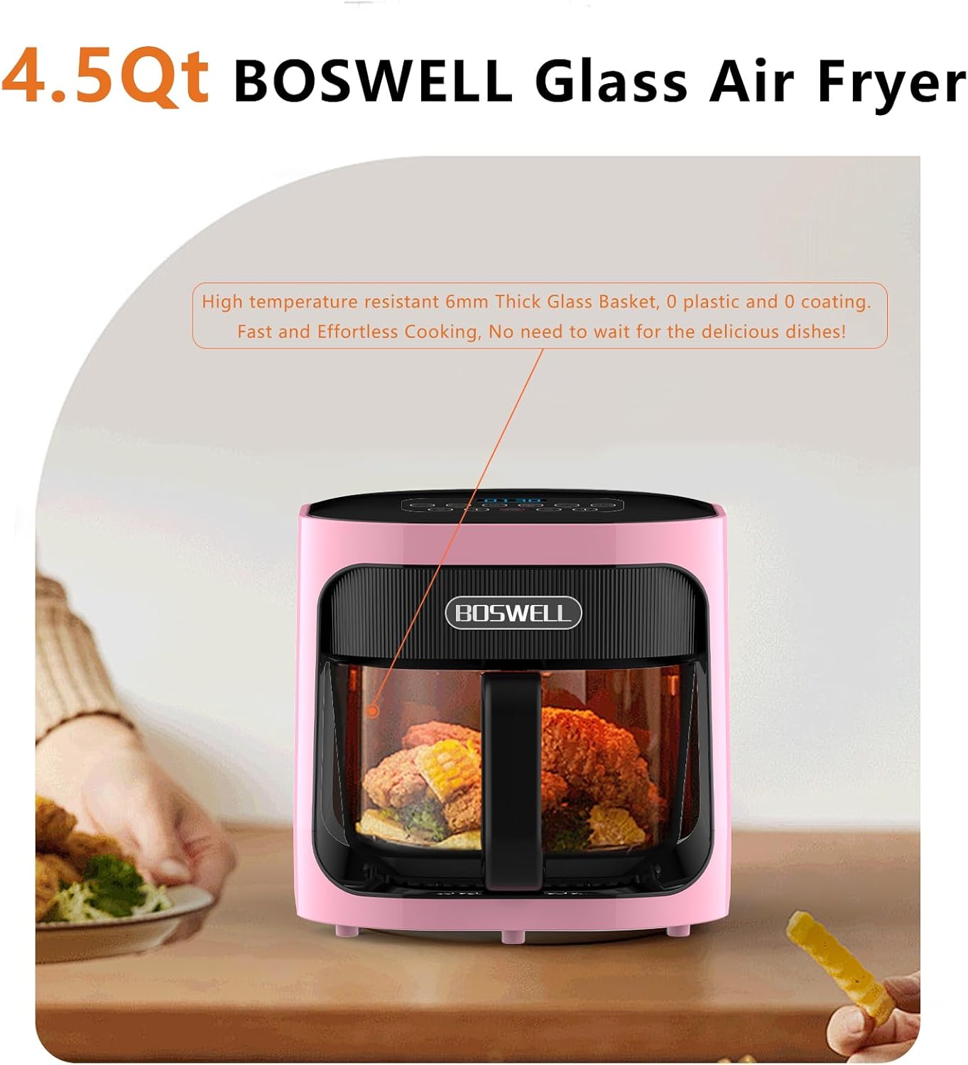 BOSWELL 6 in 1 Glass Air Fryer,4.5QT Air Fryer with Transparent Glass Pot,Circulating Air Heating, Bake, Broil, Air Fry, Temperature Control, Dishwasher Safe (Pink)