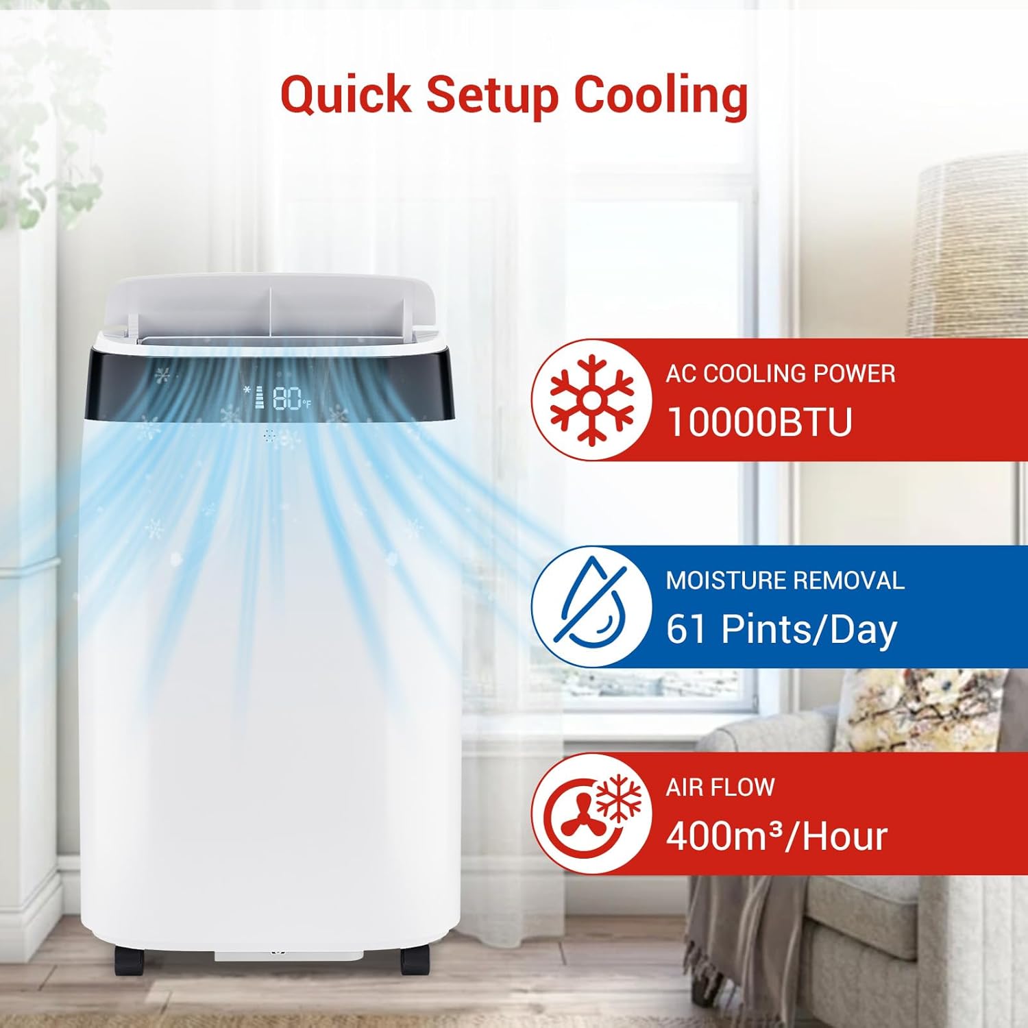 10000 BTU Portable Air Conditioner with Remote, 4-In-1 AC Unit for Room Up to 450 Sq.Ft, Cooling, Fan, Sleep Mode, Quiet Portable AC with Timer, Auto Swing for Bedroom, Office, Dorm, RV