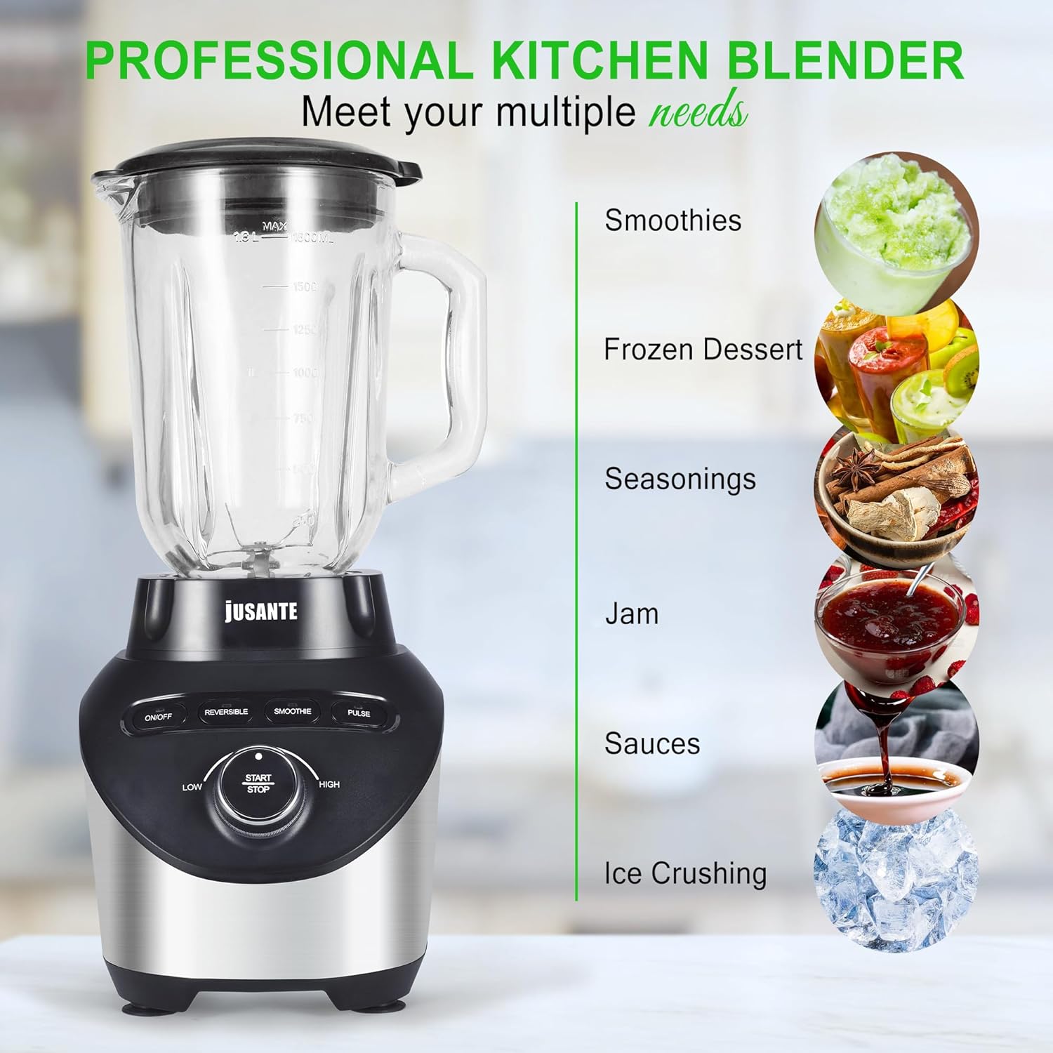 Professional Blender with 1200 Watts and 64 oz Glass Jar Kitchen Countertop Blender for Shakes and Smoothies with High Speed Total Crushing Smoothie Blender Black for Smoothies Frozen Drinks