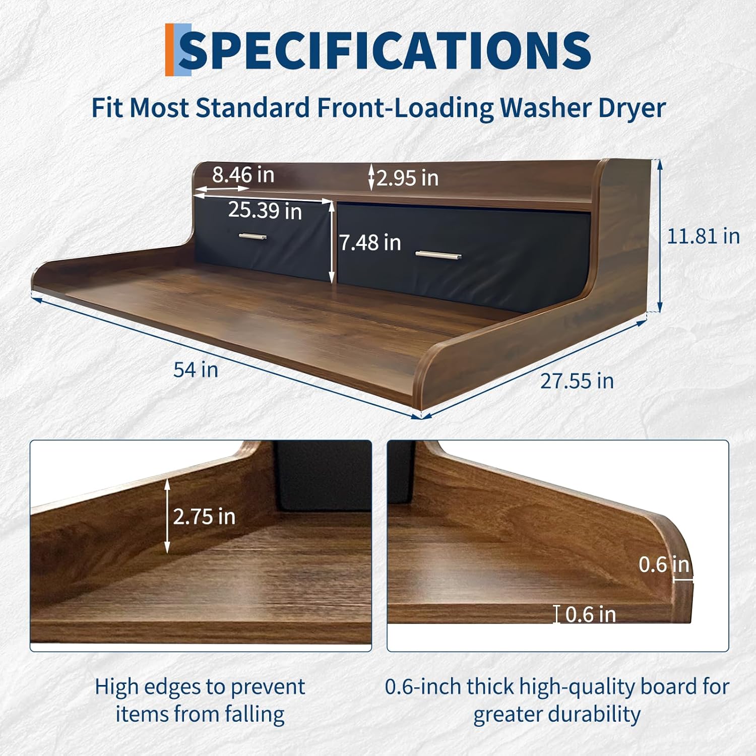 2 Drawers Washer Dryer Countertop with Shelf, 54