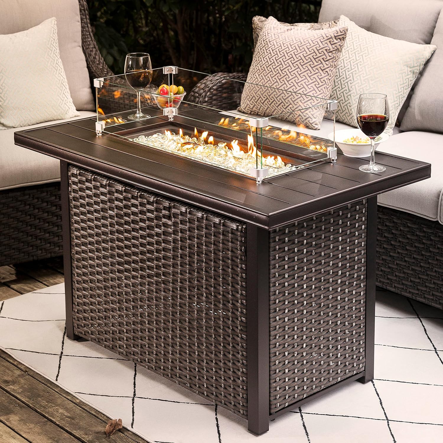 Nuu Garden Outdoor 43-inch 50,000 BTU Propane Gas Fire Pit Table, Aluminum Tabletop and PE Rattan Weaved Iron Frame, Glass Fire Pit Wind Guard, Glass Beads, Lid Included, Dark Brown