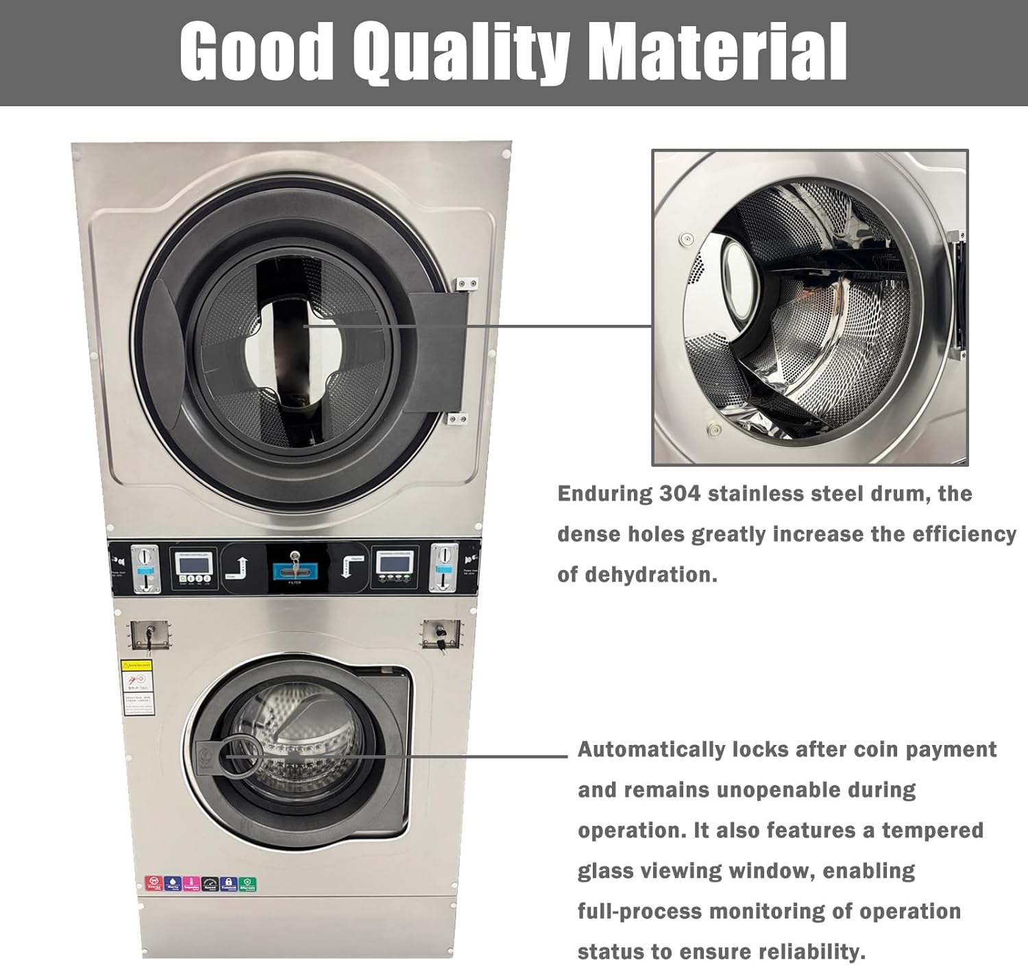 Coin Operated Washer Dryer Combo Commercial Stacked Washing Drying Machine for Laundromats Apartment Laundry Rooms Hotels 12kg Dry Clothes Capacity 220V 1PH