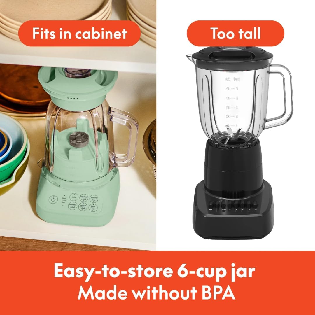 Bela Blender with BPA-Free 48oz Jar, 450W Motor, Stainless Ice-Crushing Blades, Built-In Measuring Cap, Compact Space-Saving Design, Seaglass (Seaglass)