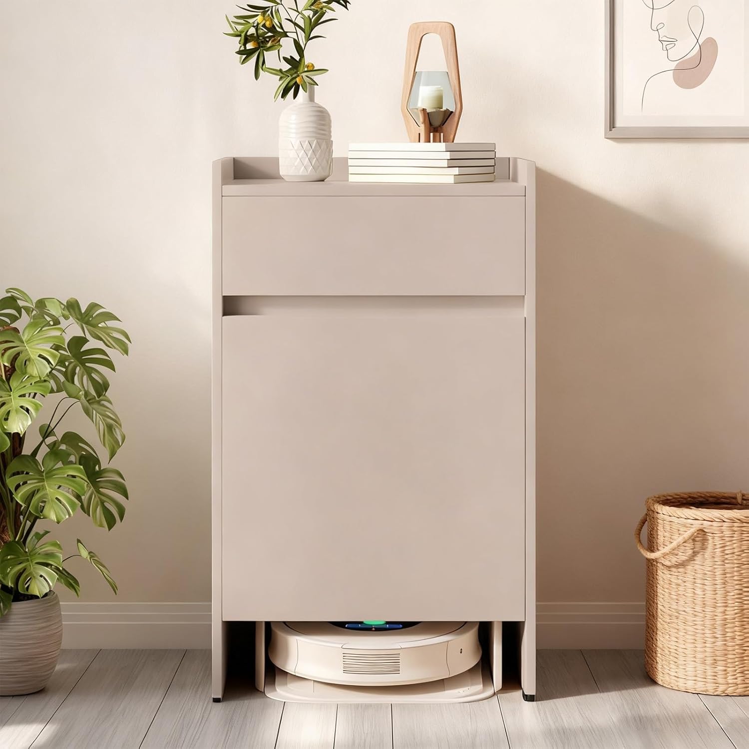 Mobile Sweeper Robot Storage Cabinet Shelf Narrow Corner Hidden Robot Vacuum Stand Storage Cabinet with Wheels Wood Freestanding Rack Space Saver for Home Office(Natural)
