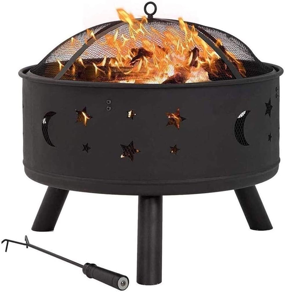 Fire Pits Outdoor Wood Burning Fire Pit Bowl, 24 Inches Diameter Wood Burning Steel Fire Patio & d Firepit for Outside with BBQ Grills Home Garden with Cover BBQ Cooking for Outside Camping Bac