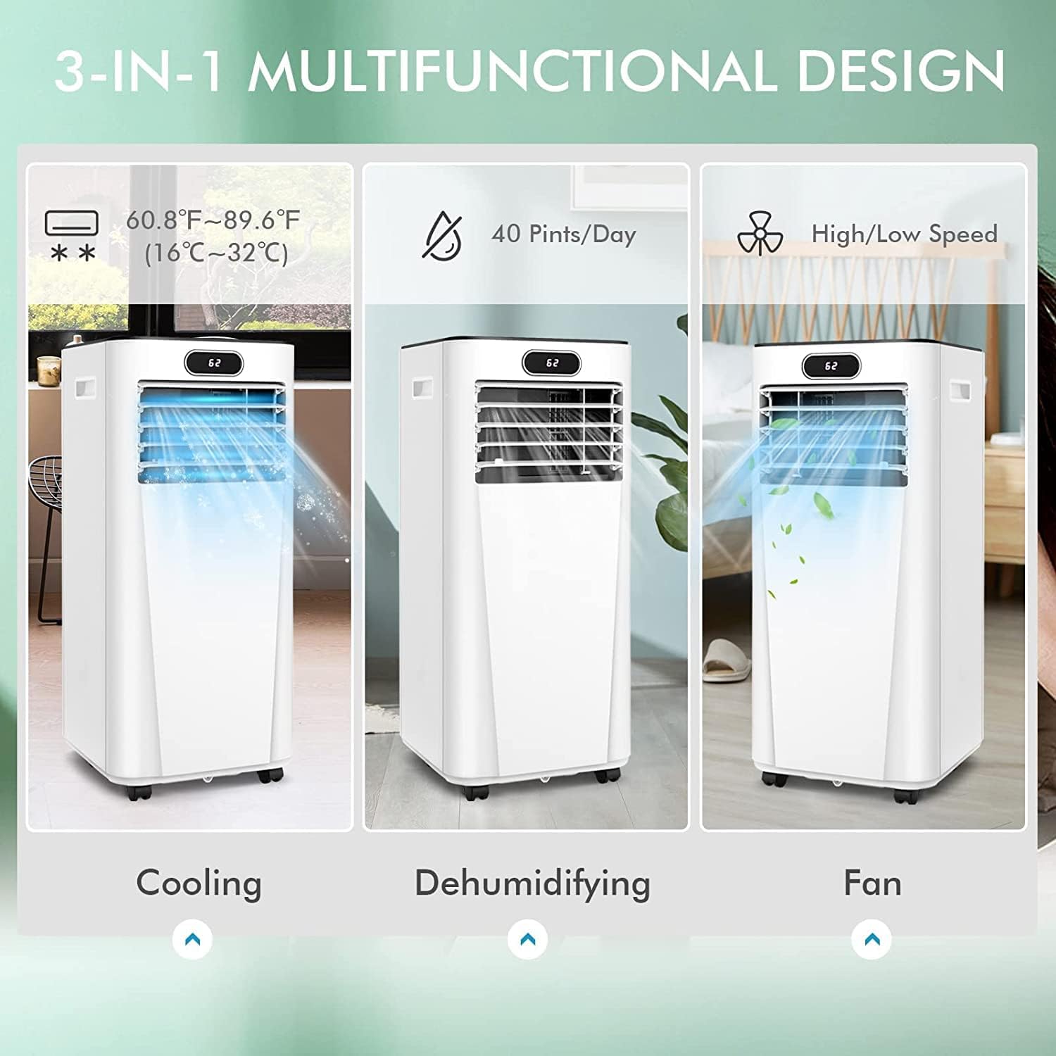 LDAILY 10000 BTU Portable Air Conditioner, 3-in-1 Air Cooler w/Fan & Dehumidifier Mode, Quiet AC Unit w/ 2 Fan Speeds & 24H Timer, 230 Sq. Ft Coverage, Remote Control (10000 BTU, White)