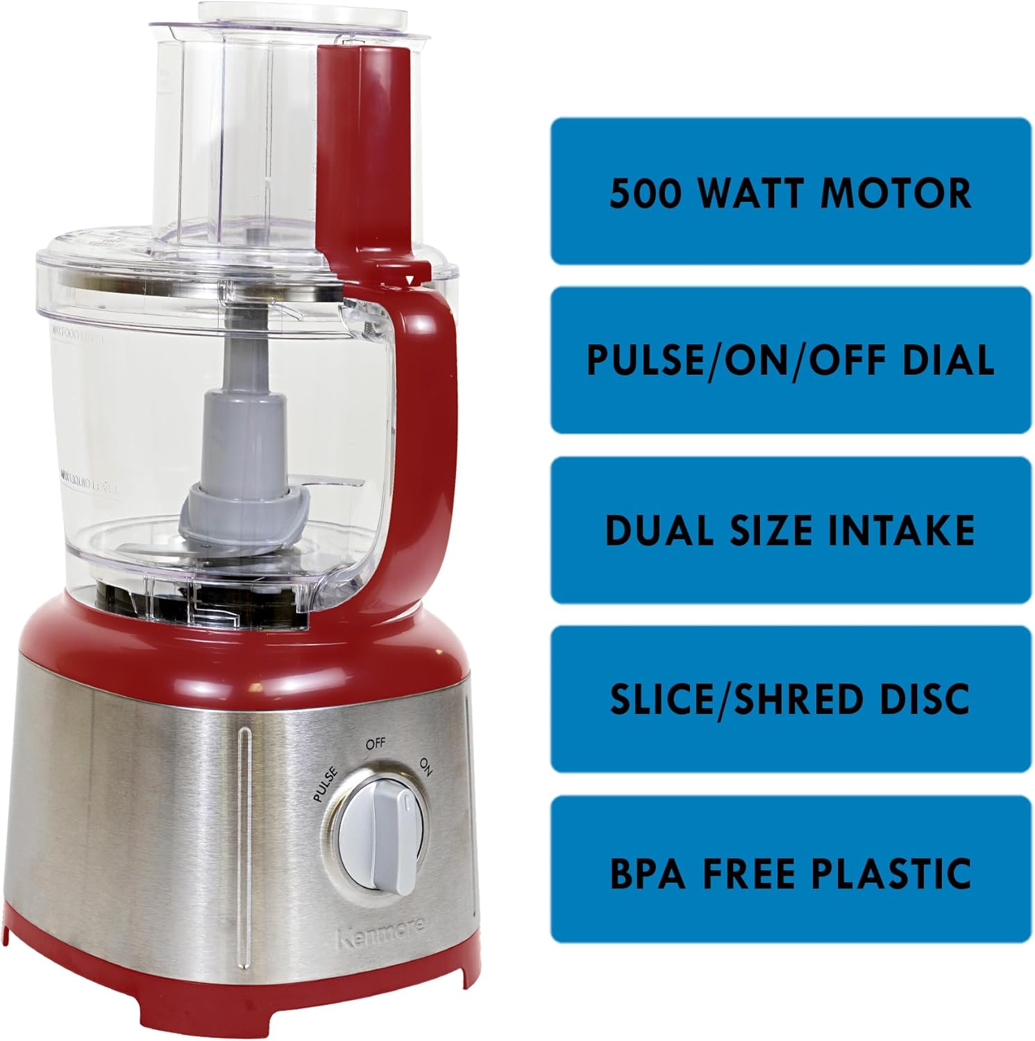 Kenmore 11-Cup Food Processor - Vegetable Procesador de Alimentos, Blender, Onion Chopper And Garlic Mincer, Kitchen Appliance High Powered Electric Licuadora, 500W, Stainless Steel Red