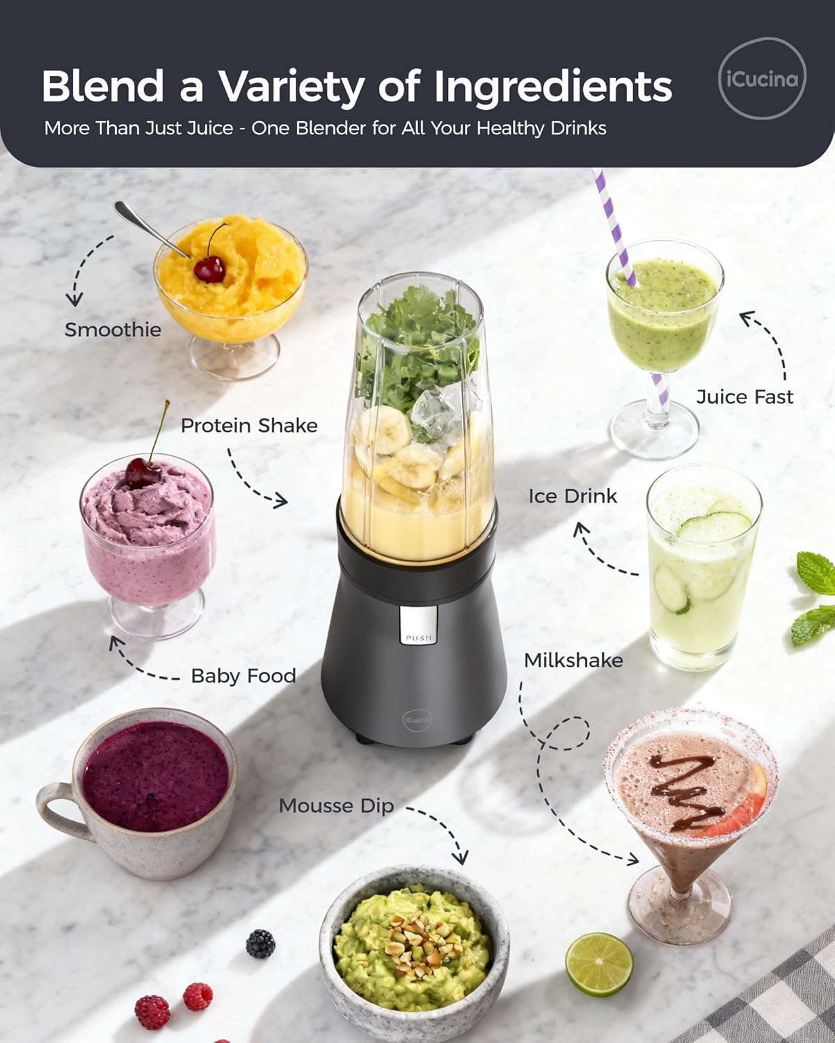 iCucina Smoothie Blender, Personal Blender for Shakes and Smoothies, 700W Pulse Technology Single Serve Blenders with 2 x 28oz Protable Cups for Ice Crush, Frozen Fruit Drinks