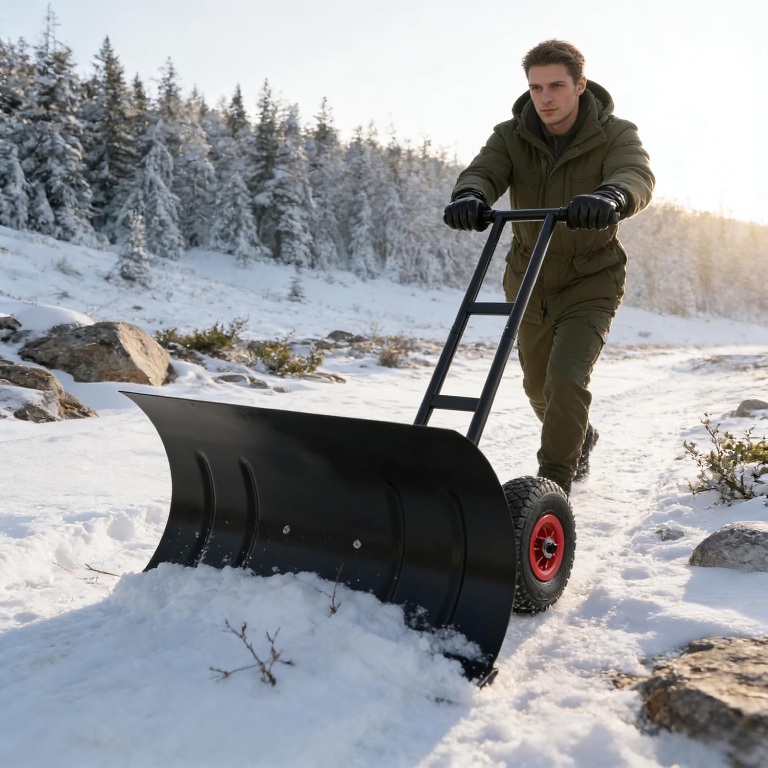 Joyside Snow Shovel for Driveway, 29.1x16.5 Inch Heavy Duty Snow Shovels with 10 Inch Wheels,7 Level Adjustable Angle and 5 Level Adjustable Height Handle for Sidewalk (Double Handle)