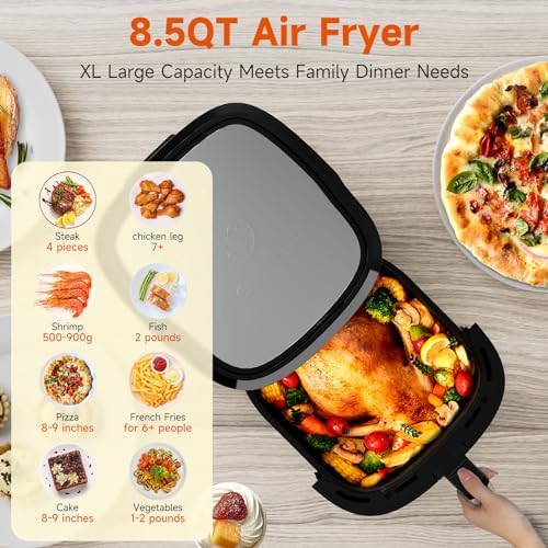 Kitchen Elite Air Fryer Stainless Steel with View Window, XL 8.5QT Large Airfryer, 8-in-1 Digital Control, 400°F Temp Controls, Nonstick Dishwasher-Safe, Space-Saving, Roast, Broil, 1500W