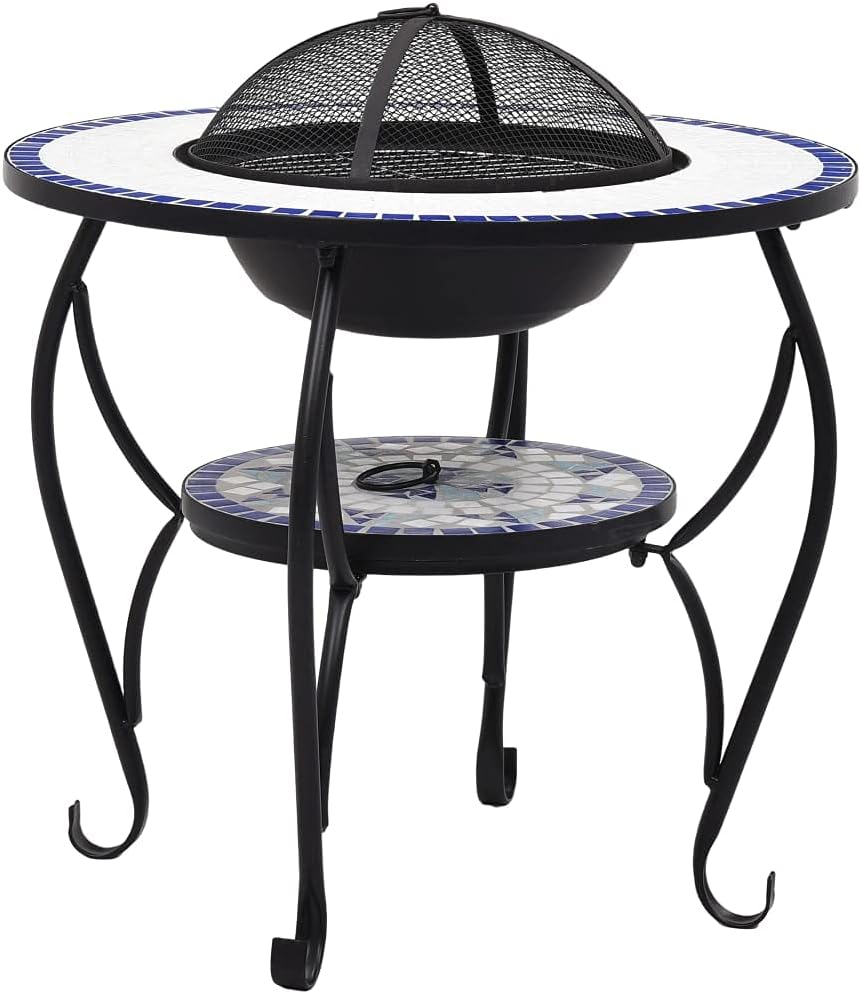 Multifunctional Fire Pit Table, Patio Decorative Table, Round Table for Camping, Outdoor Heating, Campfire and Picnic,Mosaic Fire Pit Table Blue and White 26.8