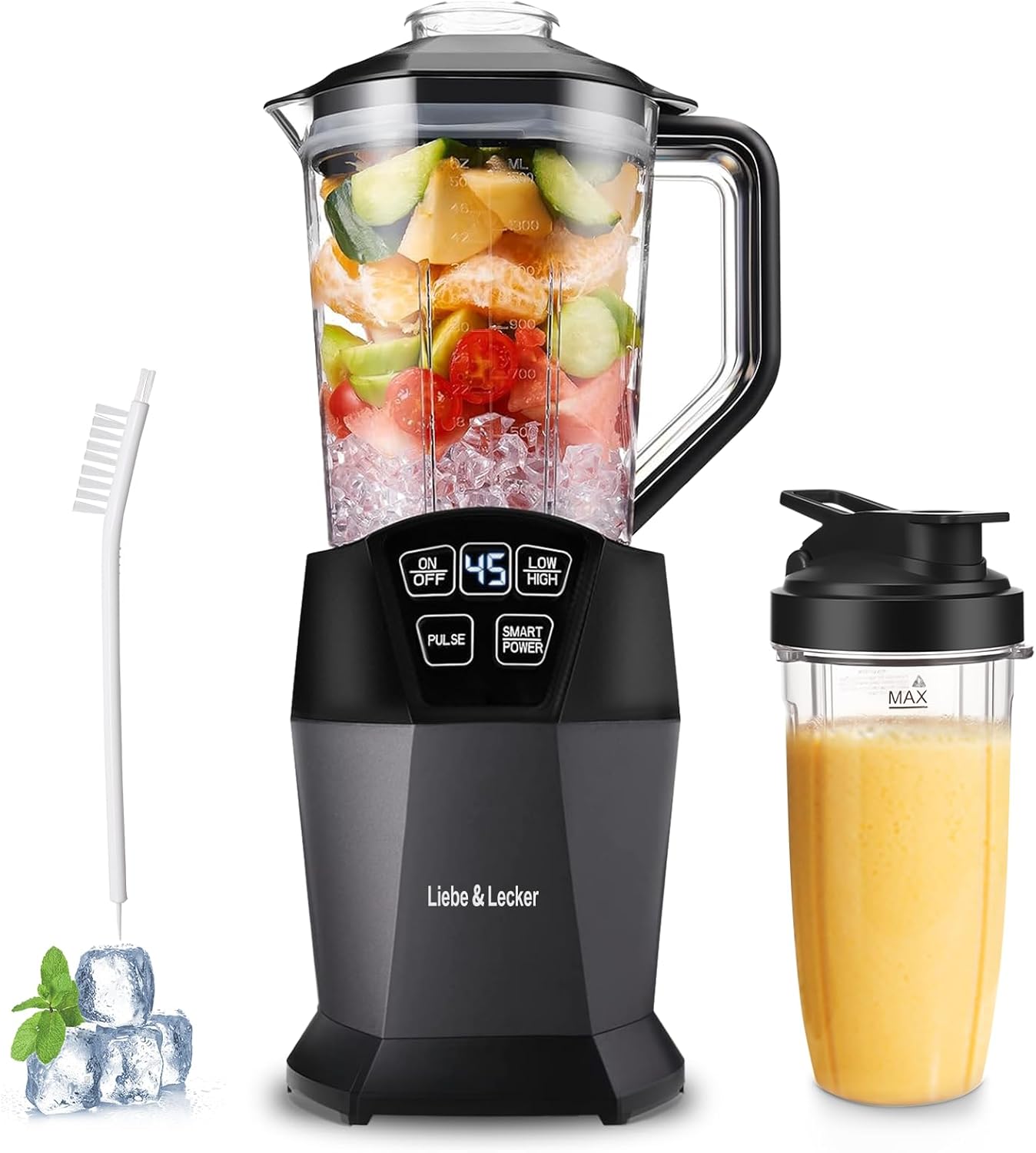 Liebe&Lecker Smoothie Blender, 1200 Peak Watts Blender for Smoothies, Smart Technology Blenders for kitchen Frozen Fruit, Personal Blenders with BPA Free 28-oz To-go Cup and 50-oz Jar